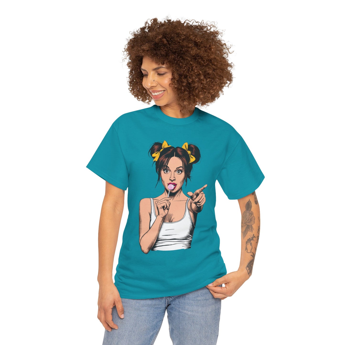 Sexy PopArt Girl with pigtails and Sucker Unisex heavy cotton Tshirt