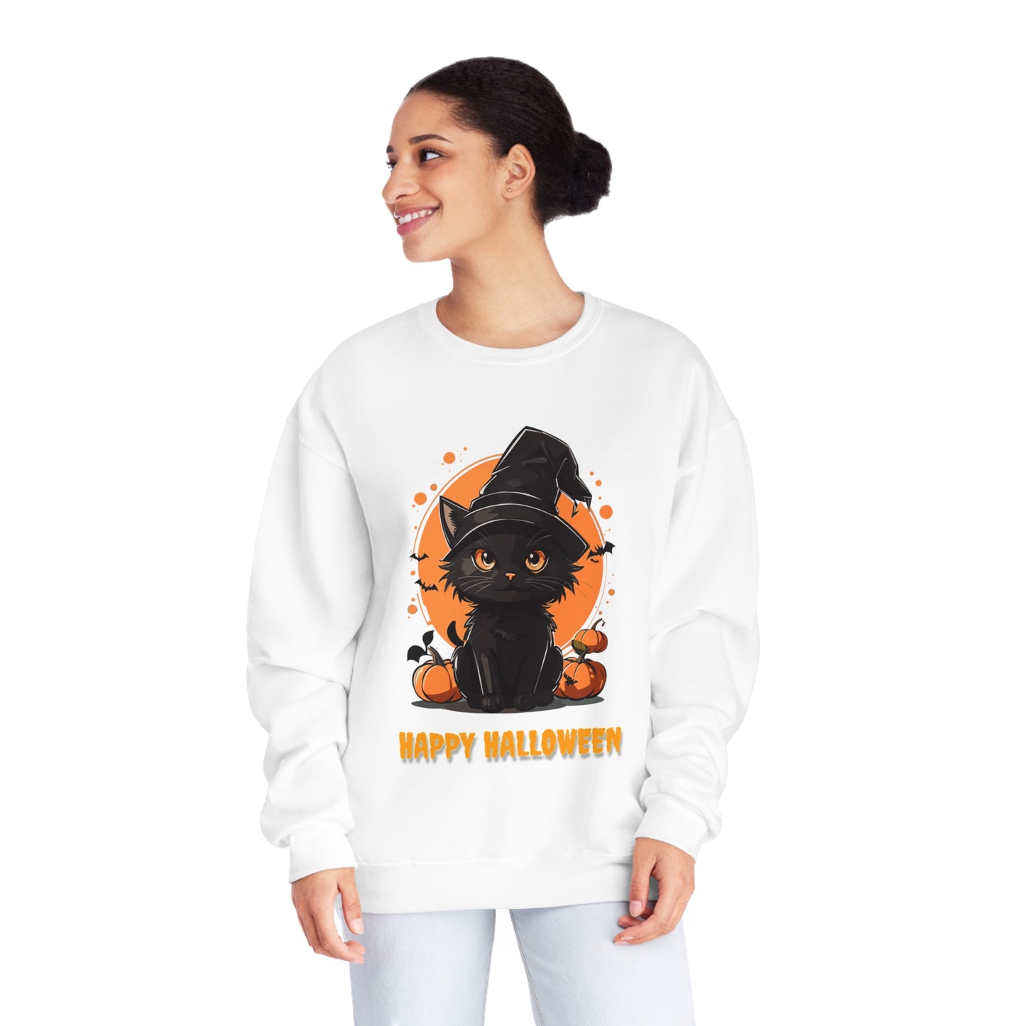 Halloween Cat Sweatshirt Unisex Funny Cat Witch Hat Graphic Shirt Gifts Spooky Long Sleeve Crewneck Shirt Tops