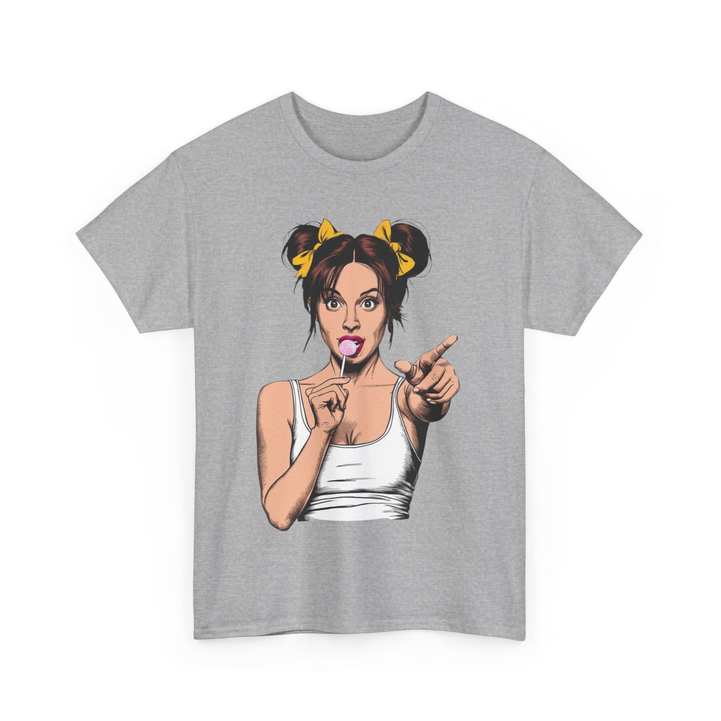 Sexy PopArt Girl with pigtails and Sucker Unisex heavy cotton Tshirt