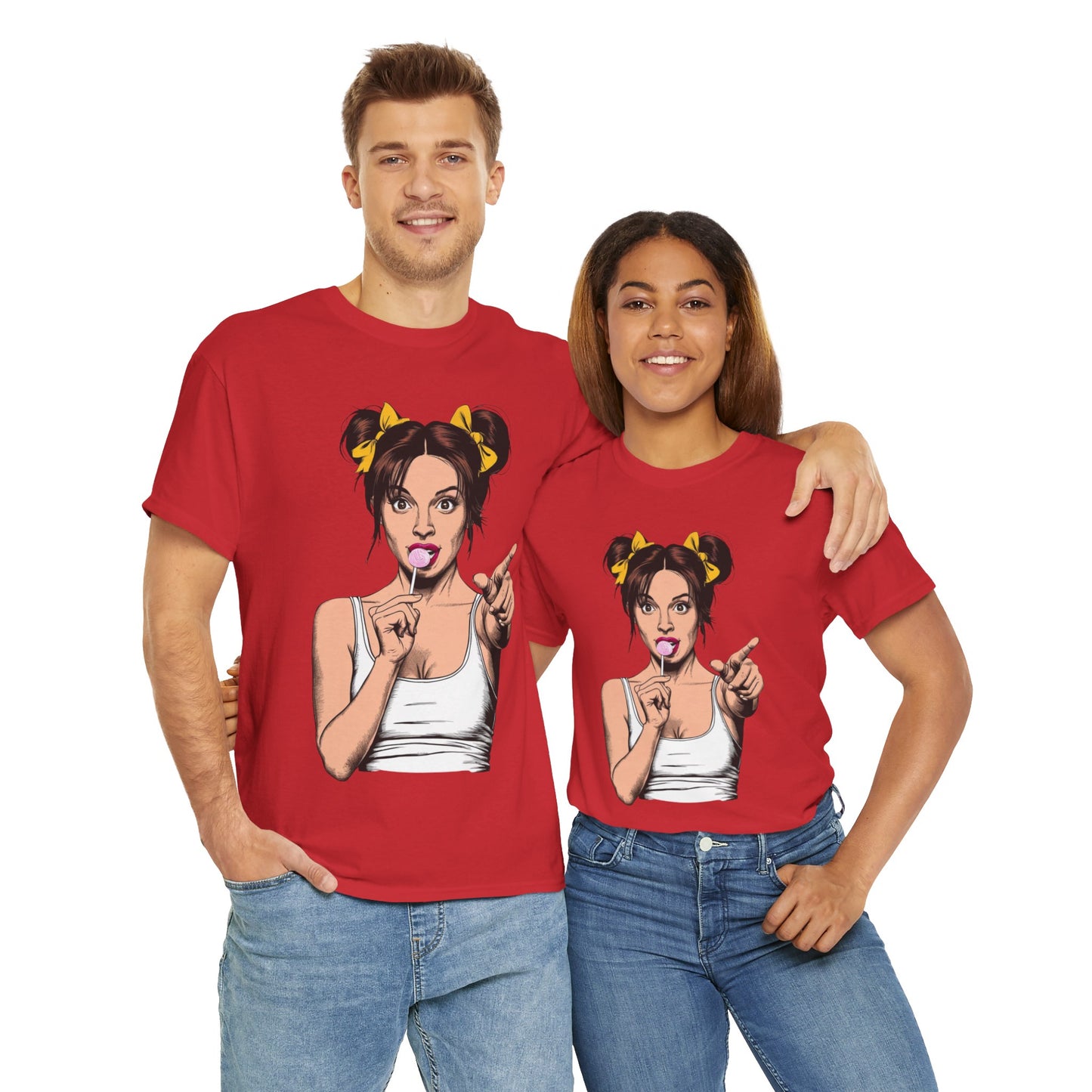 Sexy PopArt Girl with pigtails and Sucker Unisex heavy cotton Tshirt