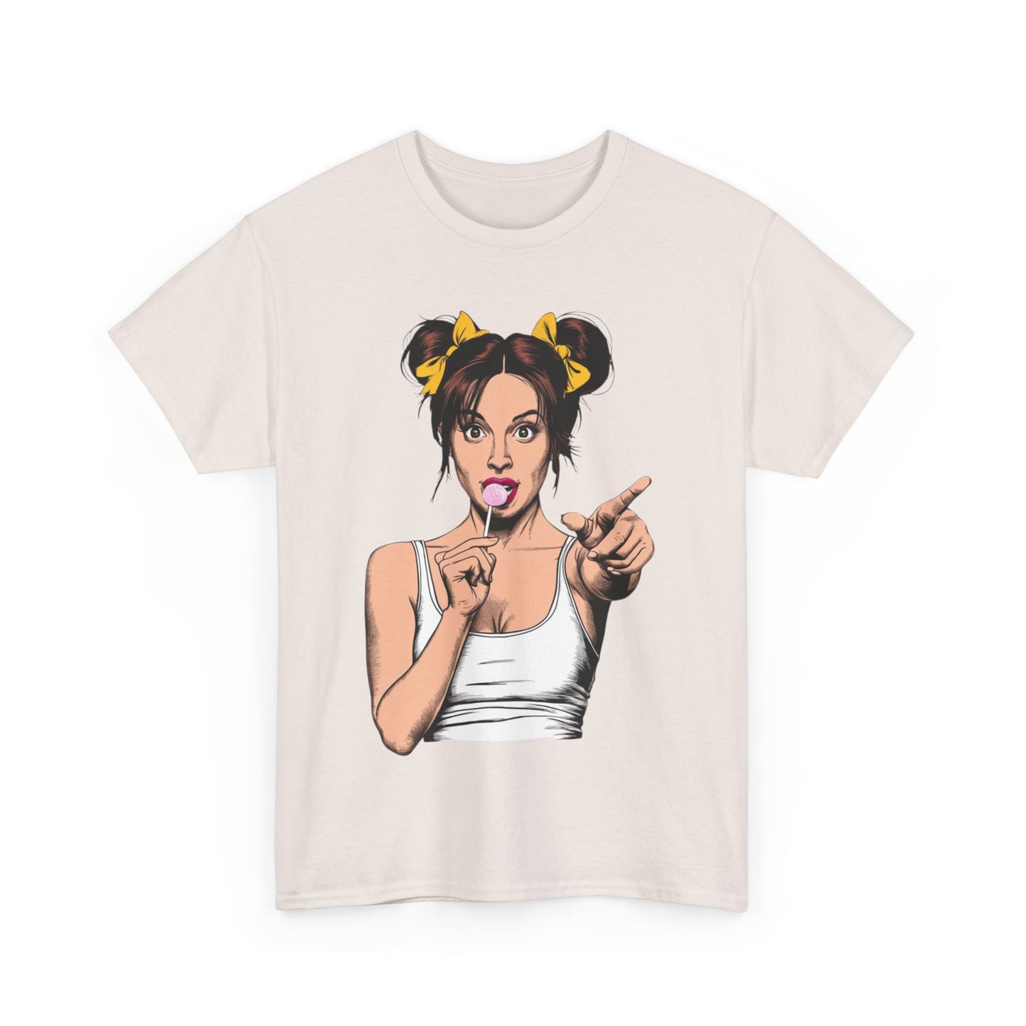 Sexy PopArt Girl with pigtails and Sucker Unisex heavy cotton Tshirt