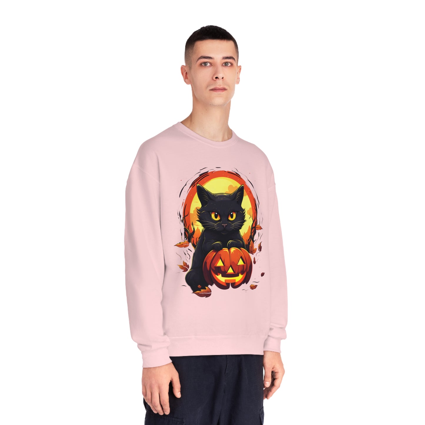 Halloween Cat Sweatshirt Unisex Funny Cat Jack-O-Lantern Graphic Shirt Gifts Spooky Long Sleeve Crewneck Shirt Tops