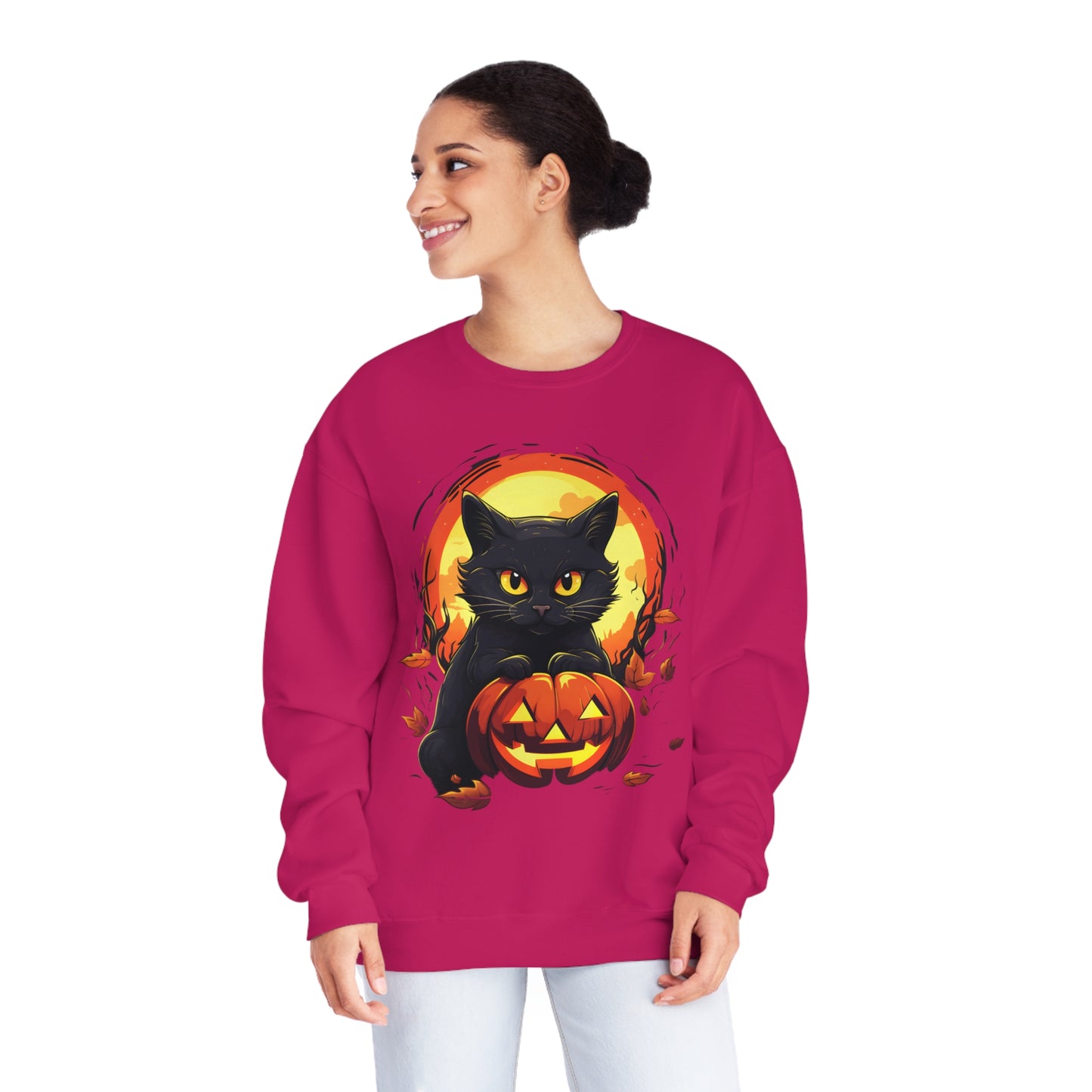 Halloween Cat Sweatshirt Unisex Funny Cat Jack-O-Lantern Graphic Shirt Gifts Spooky Long Sleeve Crewneck Shirt Tops