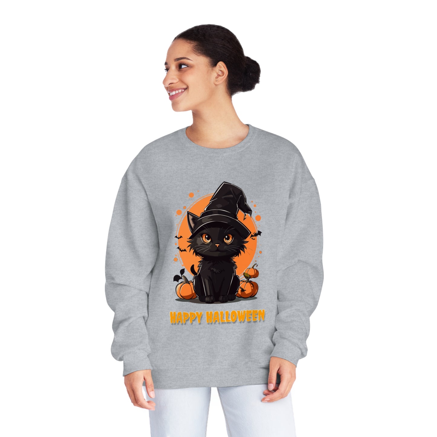 Halloween Cat Sweatshirt Unisex Funny Cat Witch Hat Graphic Shirt Gifts Spooky Long Sleeve Crewneck Shirt Tops