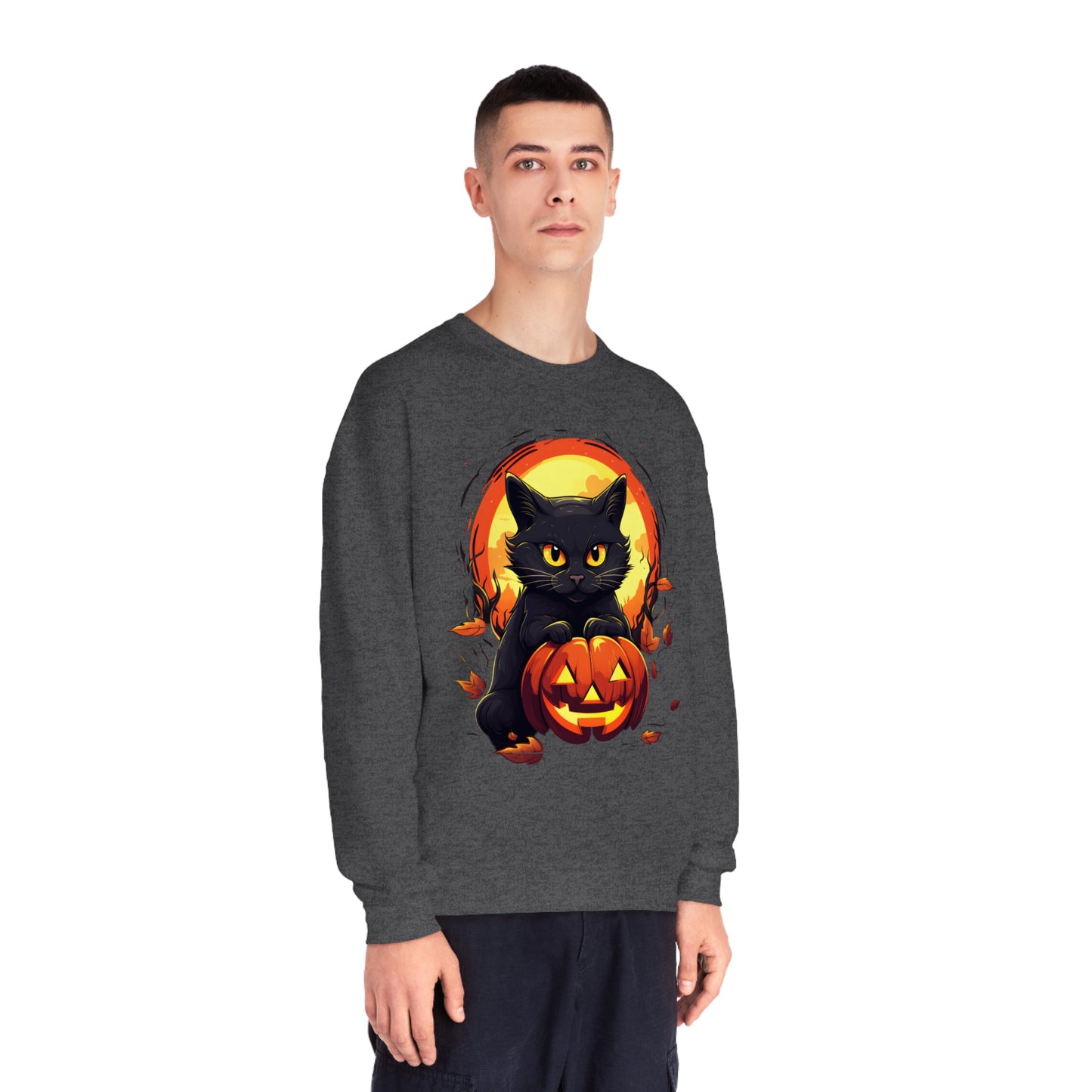 Halloween Cat Sweatshirt Unisex Funny Cat Jack-O-Lantern Graphic Shirt Gifts Spooky Long Sleeve Crewneck Shirt Tops