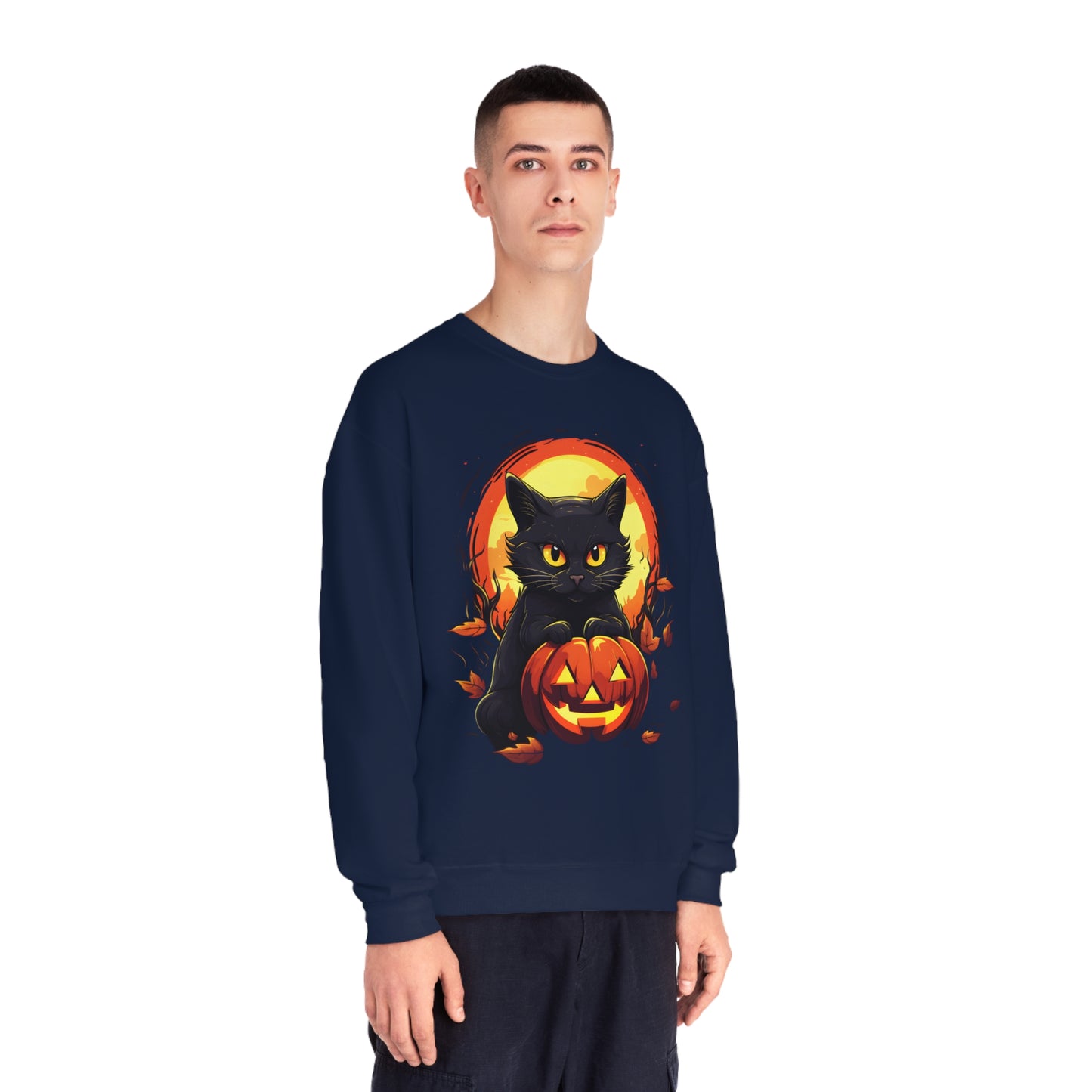 Halloween Cat Sweatshirt Unisex Funny Cat Jack-O-Lantern Graphic Shirt Gifts Spooky Long Sleeve Crewneck Shirt Tops