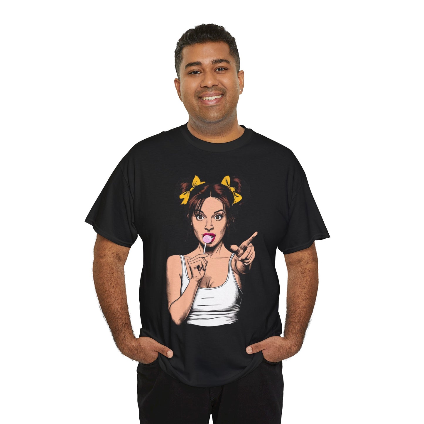 Sexy PopArt Girl with pigtails and Sucker Unisex heavy cotton Tshirt