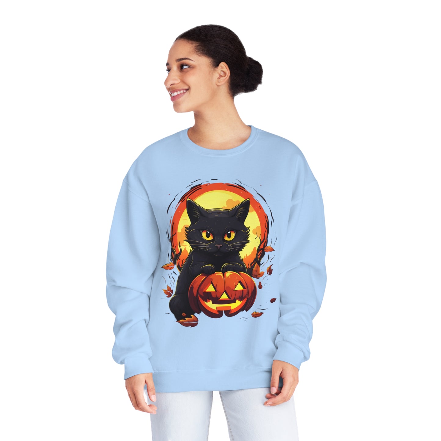 Halloween Cat Sweatshirt Unisex Funny Cat Jack-O-Lantern Graphic Shirt Gifts Spooky Long Sleeve Crewneck Shirt Tops