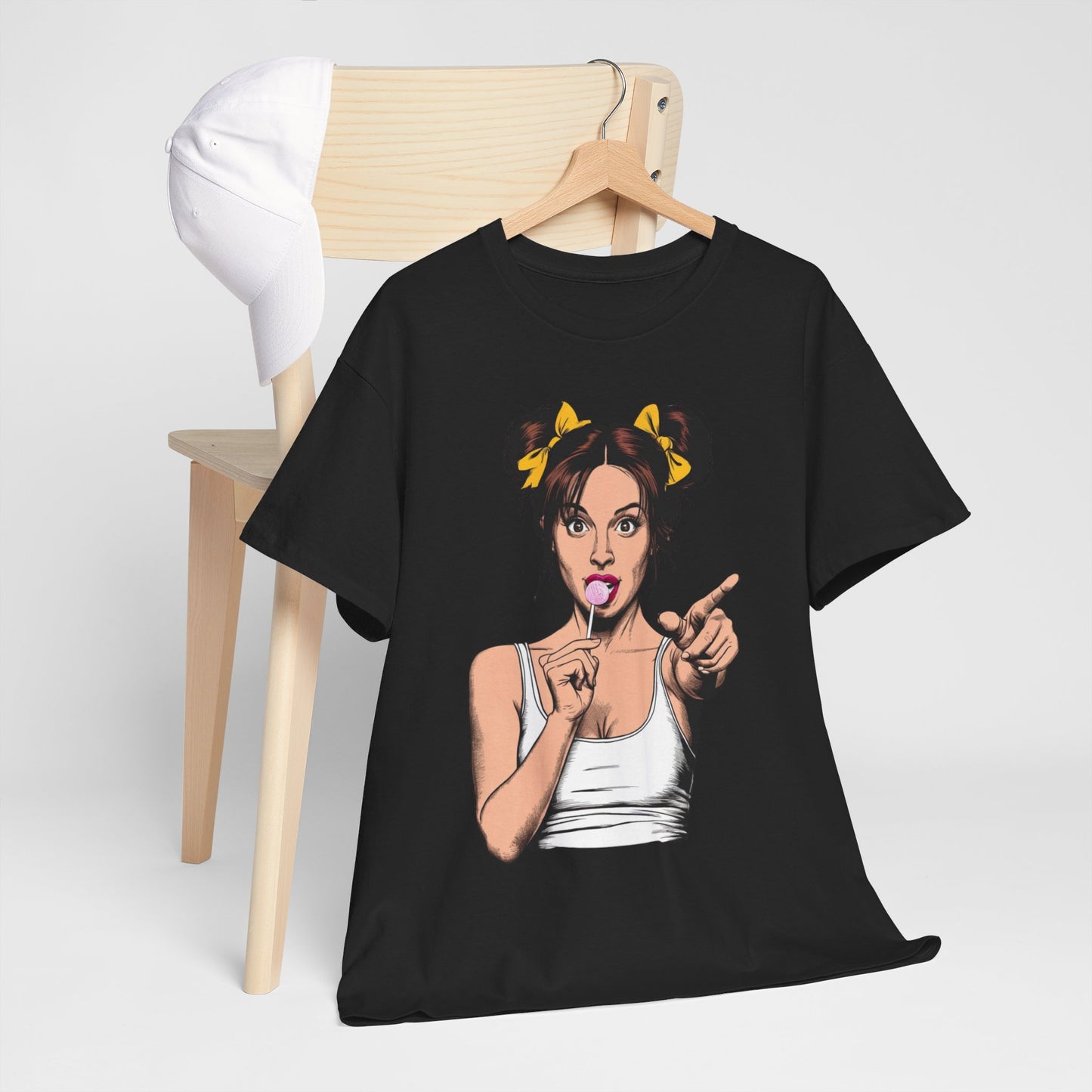 Sexy PopArt Girl with pigtails and Sucker Unisex heavy cotton Tshirt