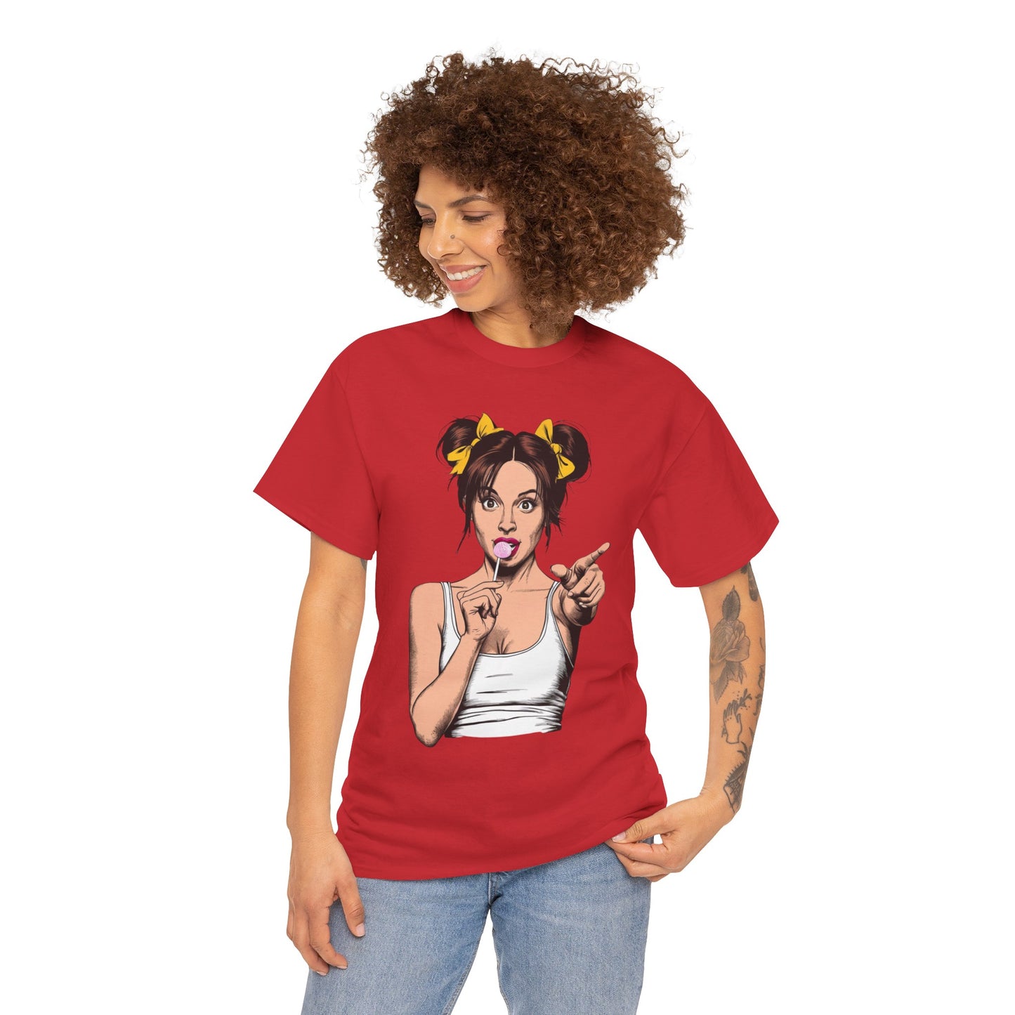 Sexy PopArt Girl with pigtails and Sucker Unisex heavy cotton Tshirt