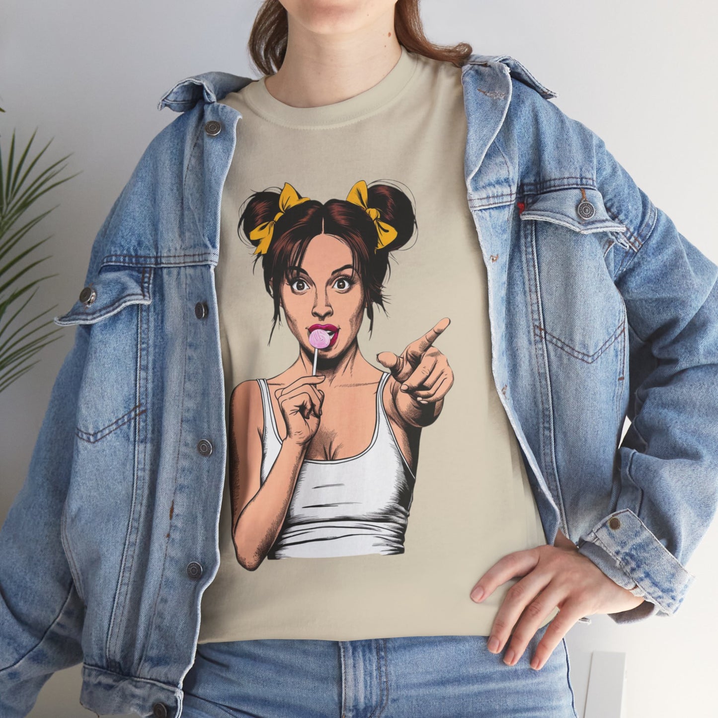 Sexy PopArt Girl with pigtails and Sucker Unisex heavy cotton Tshirt