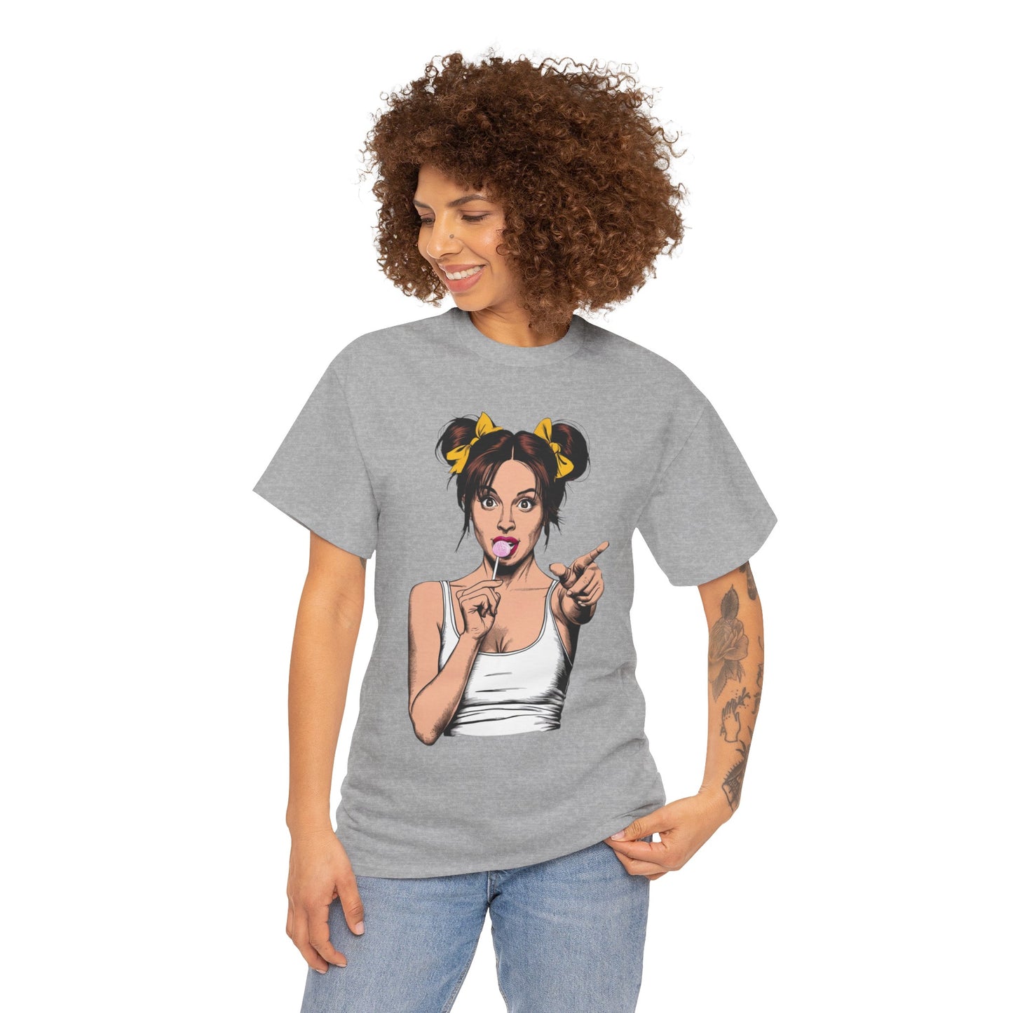 Sexy PopArt Girl with pigtails and Sucker Unisex heavy cotton Tshirt