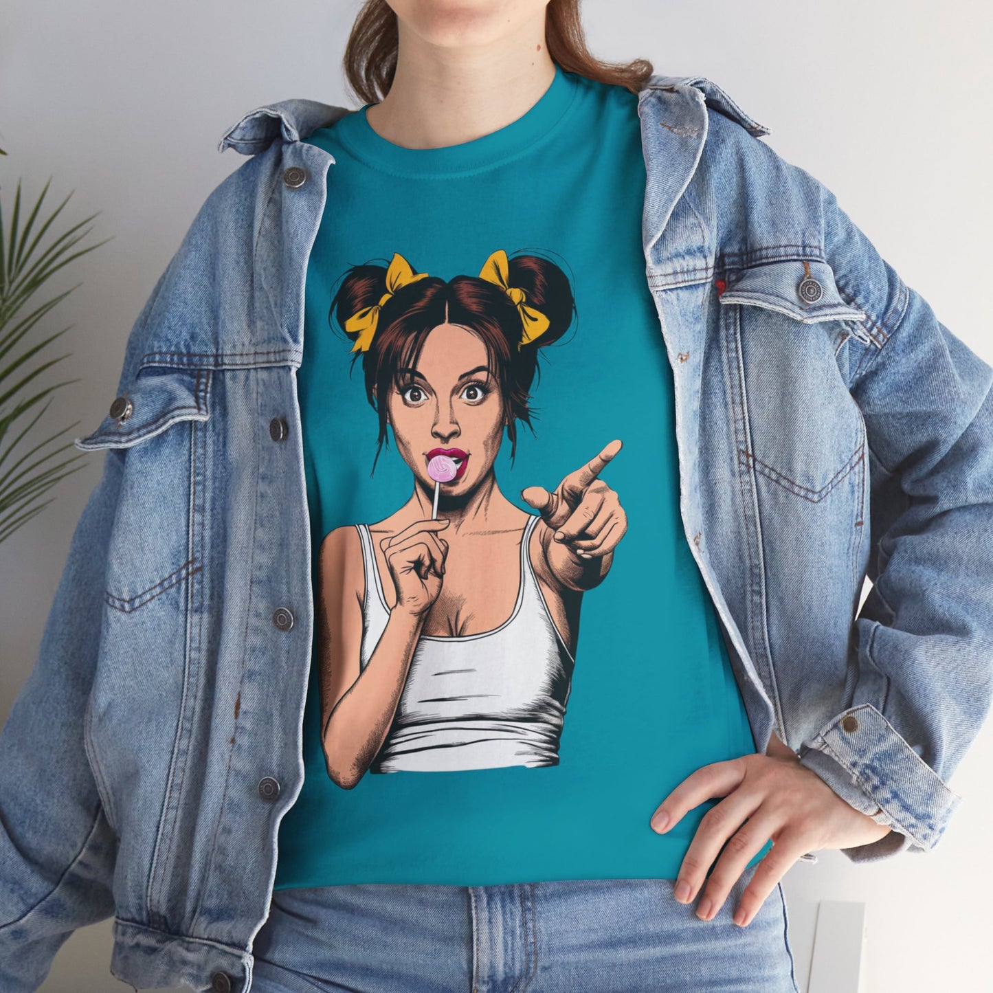 Sexy PopArt Girl with pigtails and Sucker Unisex heavy cotton Tshirt