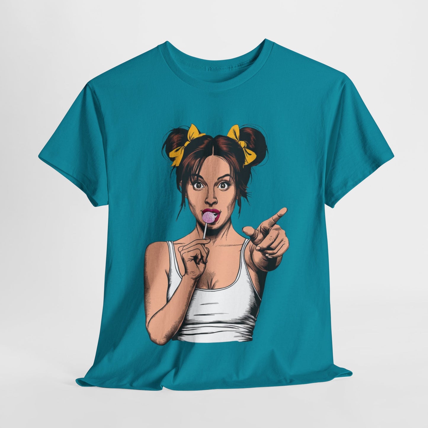 Sexy PopArt Girl with pigtails and Sucker Unisex heavy cotton Tshirt