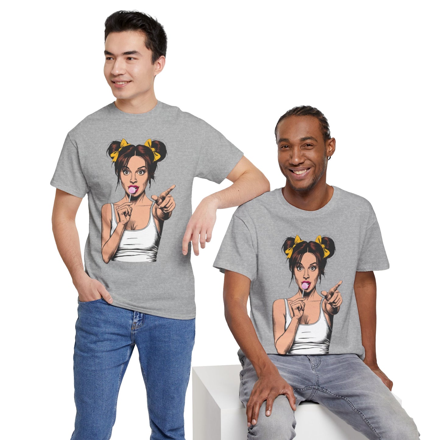 Sexy PopArt Girl with pigtails and Sucker Unisex heavy cotton Tshirt