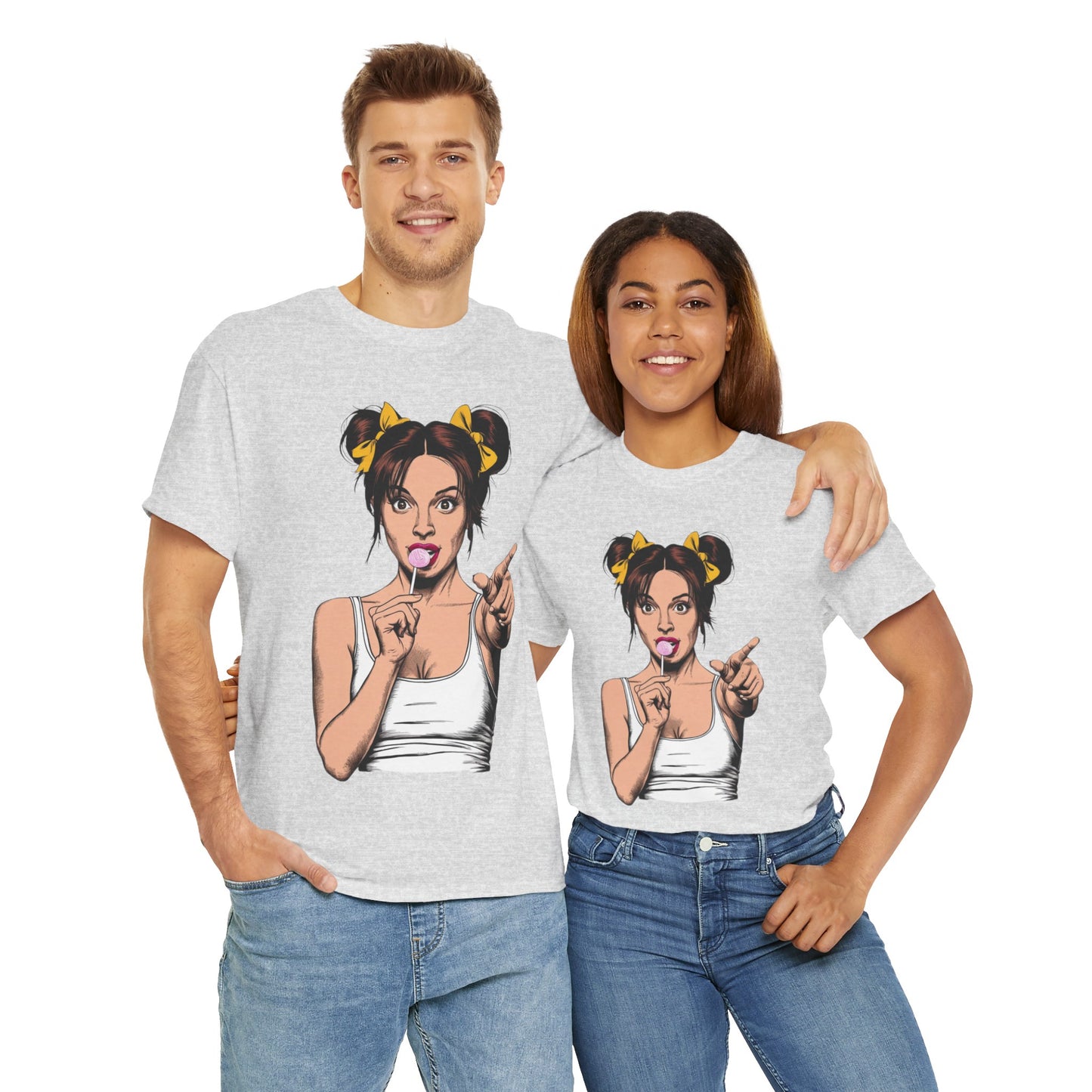 Sexy PopArt Girl with pigtails and Sucker Unisex heavy cotton Tshirt