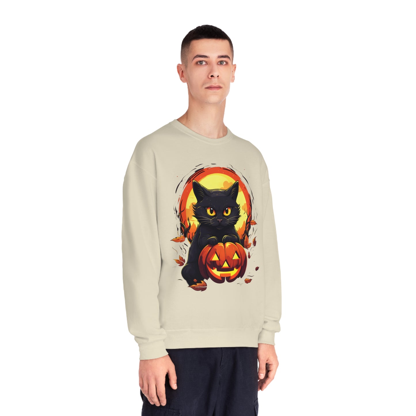 Halloween Cat Sweatshirt Unisex Funny Cat Jack-O-Lantern Graphic Shirt Gifts Spooky Long Sleeve Crewneck Shirt Tops