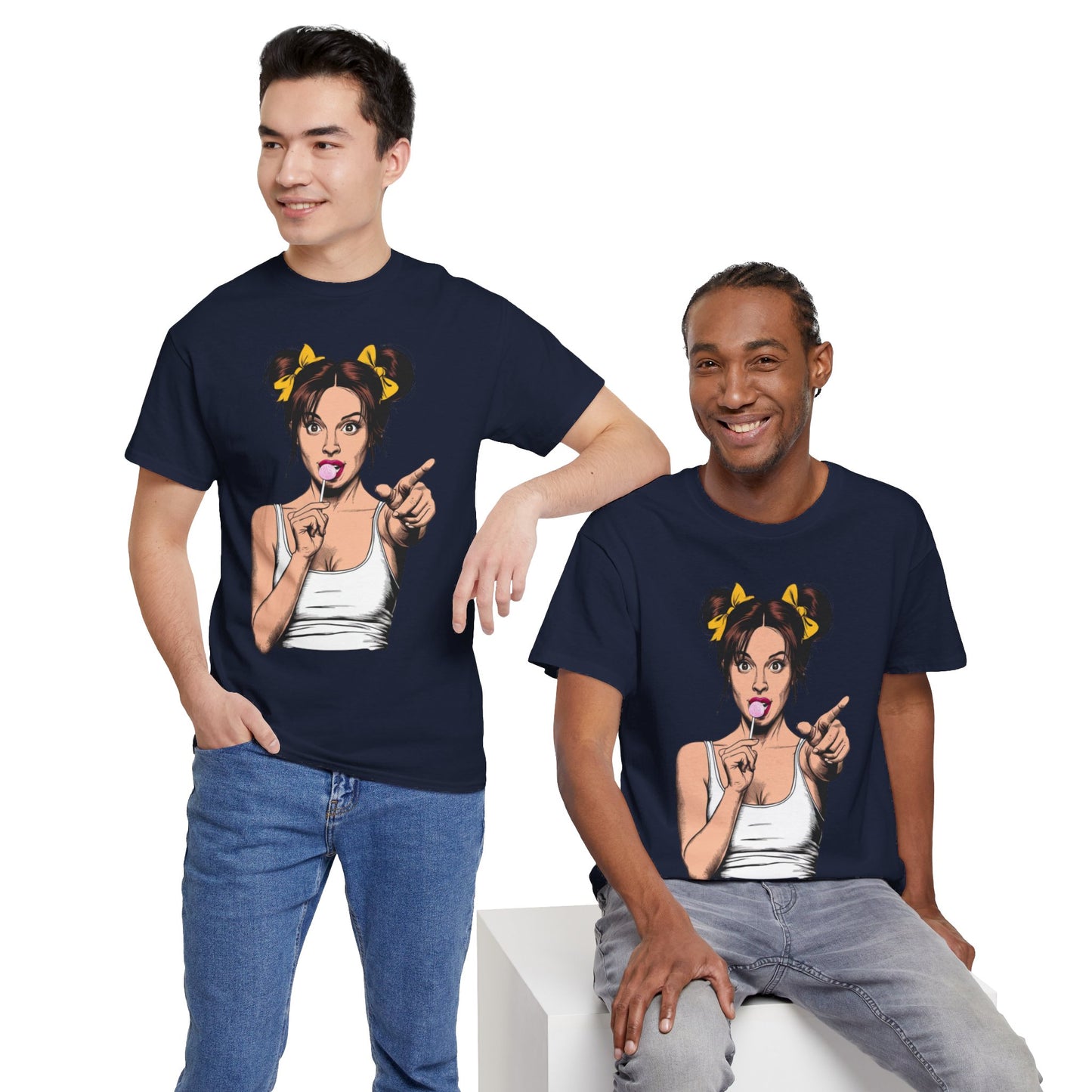 Sexy PopArt Girl with pigtails and Sucker Unisex heavy cotton Tshirt