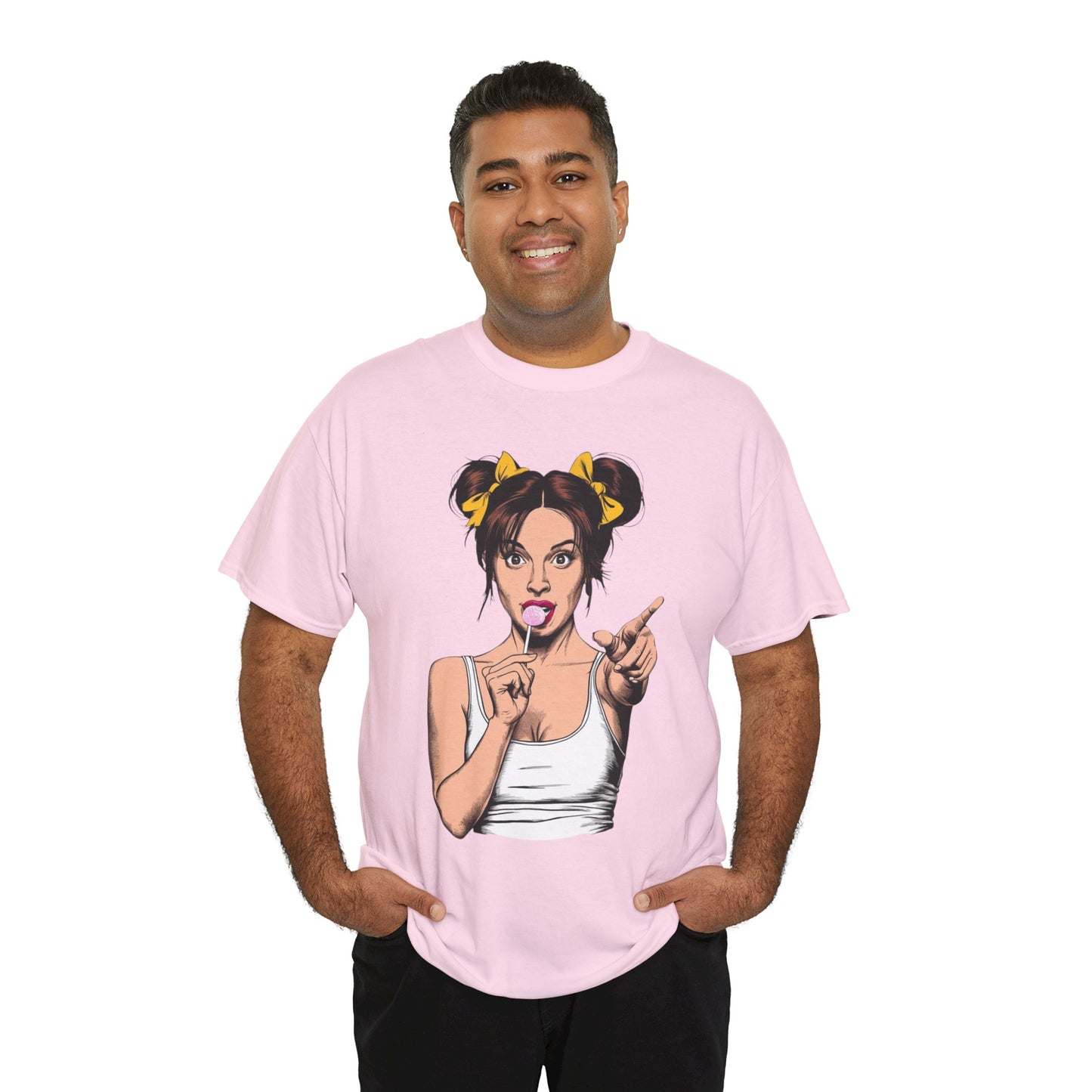 Sexy PopArt Girl with pigtails and Sucker Unisex heavy cotton Tshirt