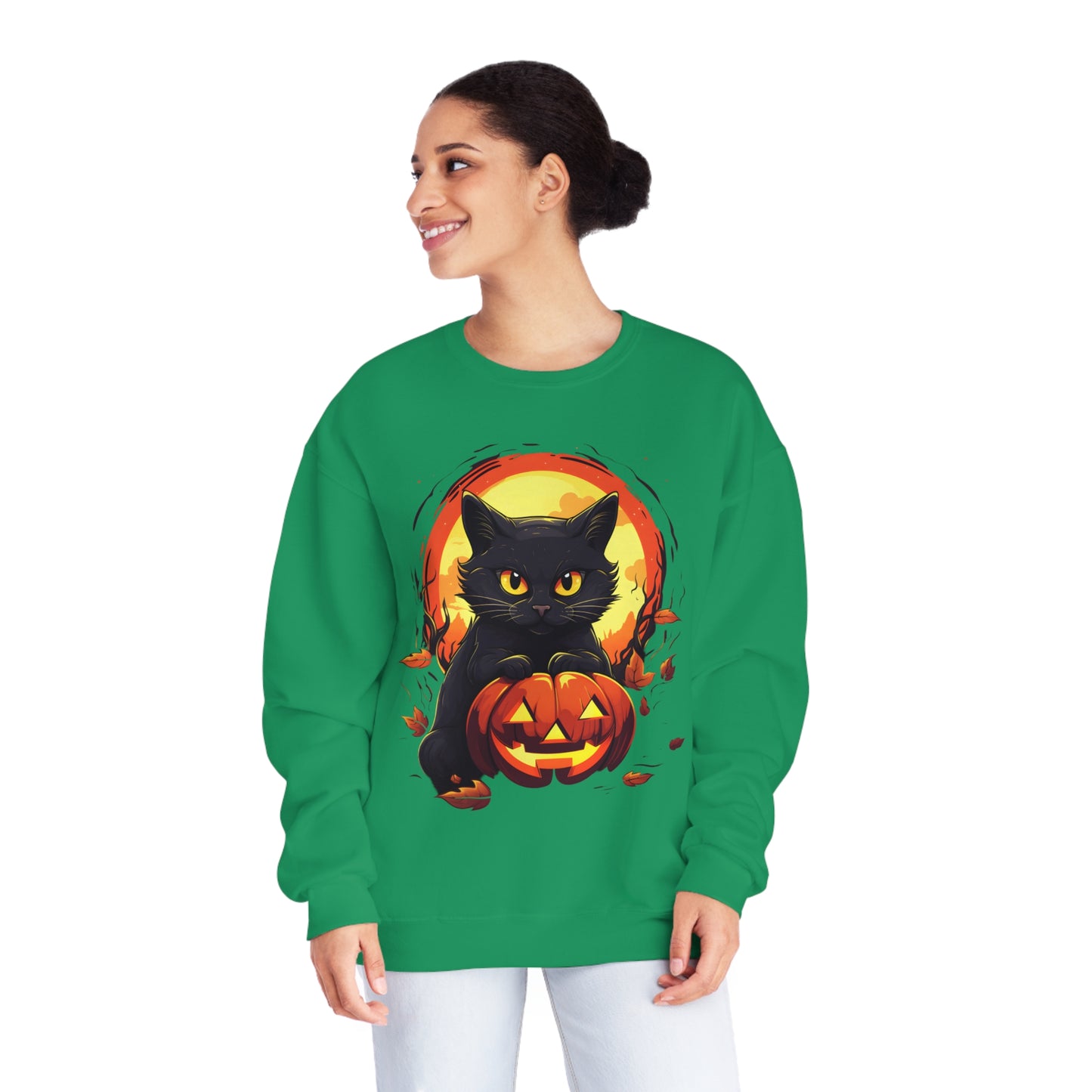 Halloween Cat Sweatshirt Unisex Funny Cat Jack-O-Lantern Graphic Shirt Gifts Spooky Long Sleeve Crewneck Shirt Tops