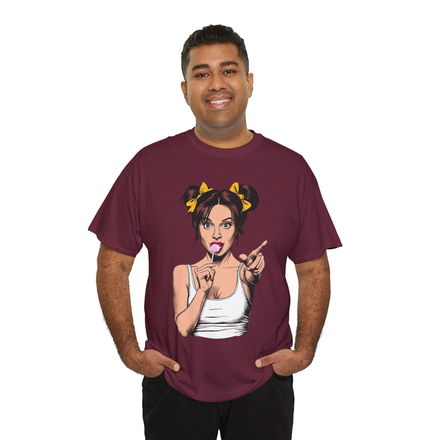 Sexy PopArt Girl with pigtails and Sucker Unisex heavy cotton Tshirt