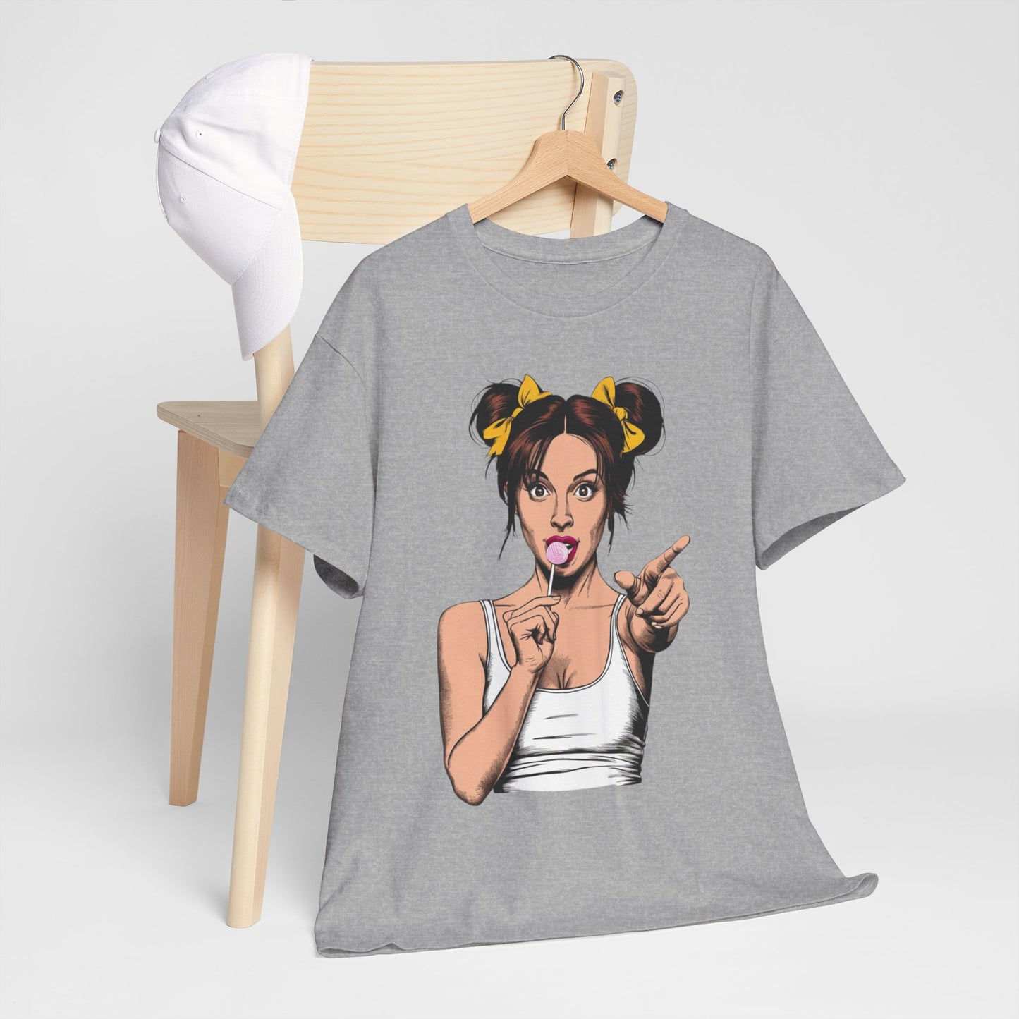 Sexy PopArt Girl with pigtails and Sucker Unisex heavy cotton Tshirt