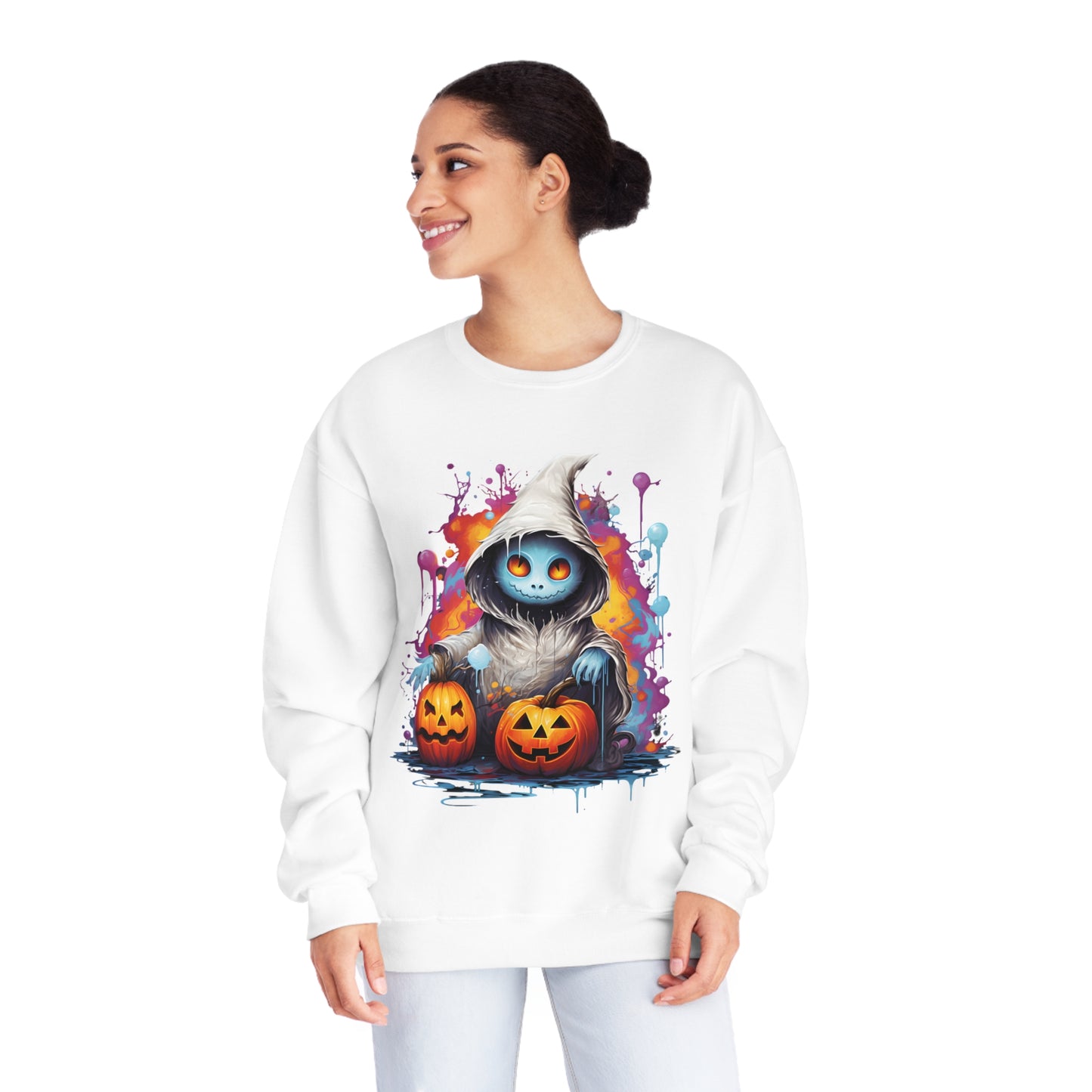 Cute Halloween Unisex Sweatshirt Jack-O-Lanterns Graphic Shirt Gifts Spooky Long Sleeve Crewneck Shirt Tops