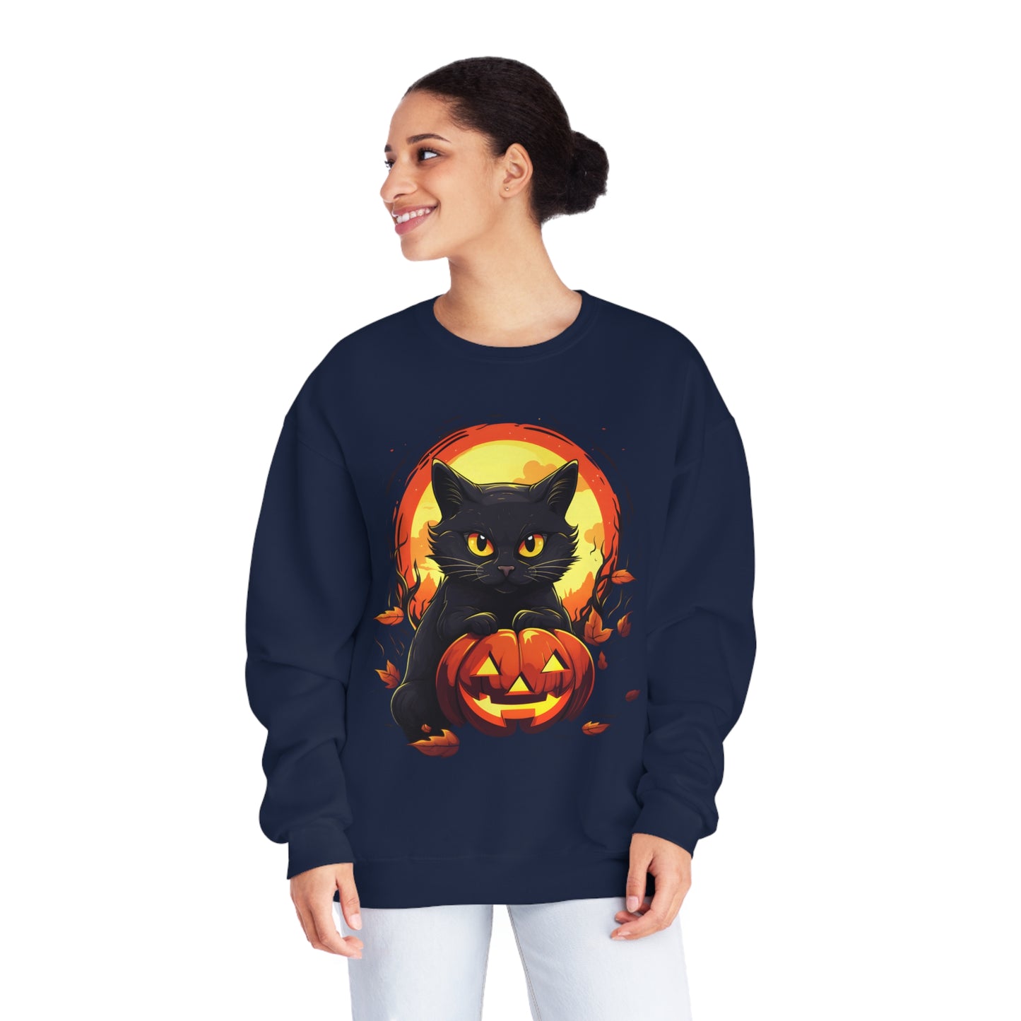 Halloween Cat Sweatshirt Unisex Funny Cat Jack-O-Lantern Graphic Shirt Gifts Spooky Long Sleeve Crewneck Shirt Tops