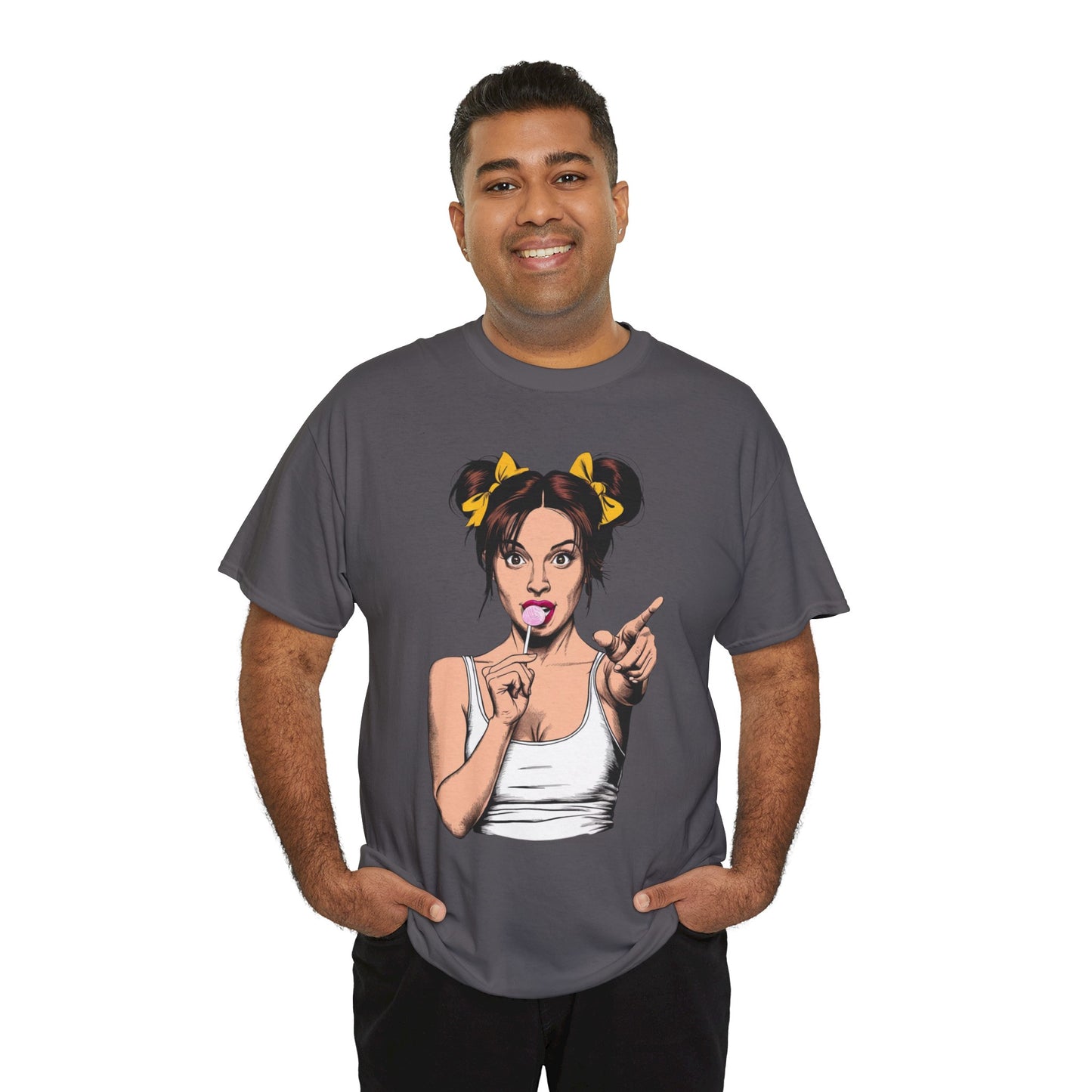 Sexy PopArt Girl with pigtails and Sucker Unisex heavy cotton Tshirt