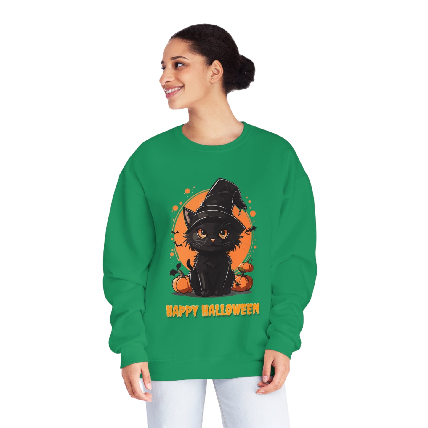 Halloween Cat Sweatshirt Unisex Funny Cat Witch Hat Graphic Shirt Gifts Spooky Long Sleeve Crewneck Shirt Tops