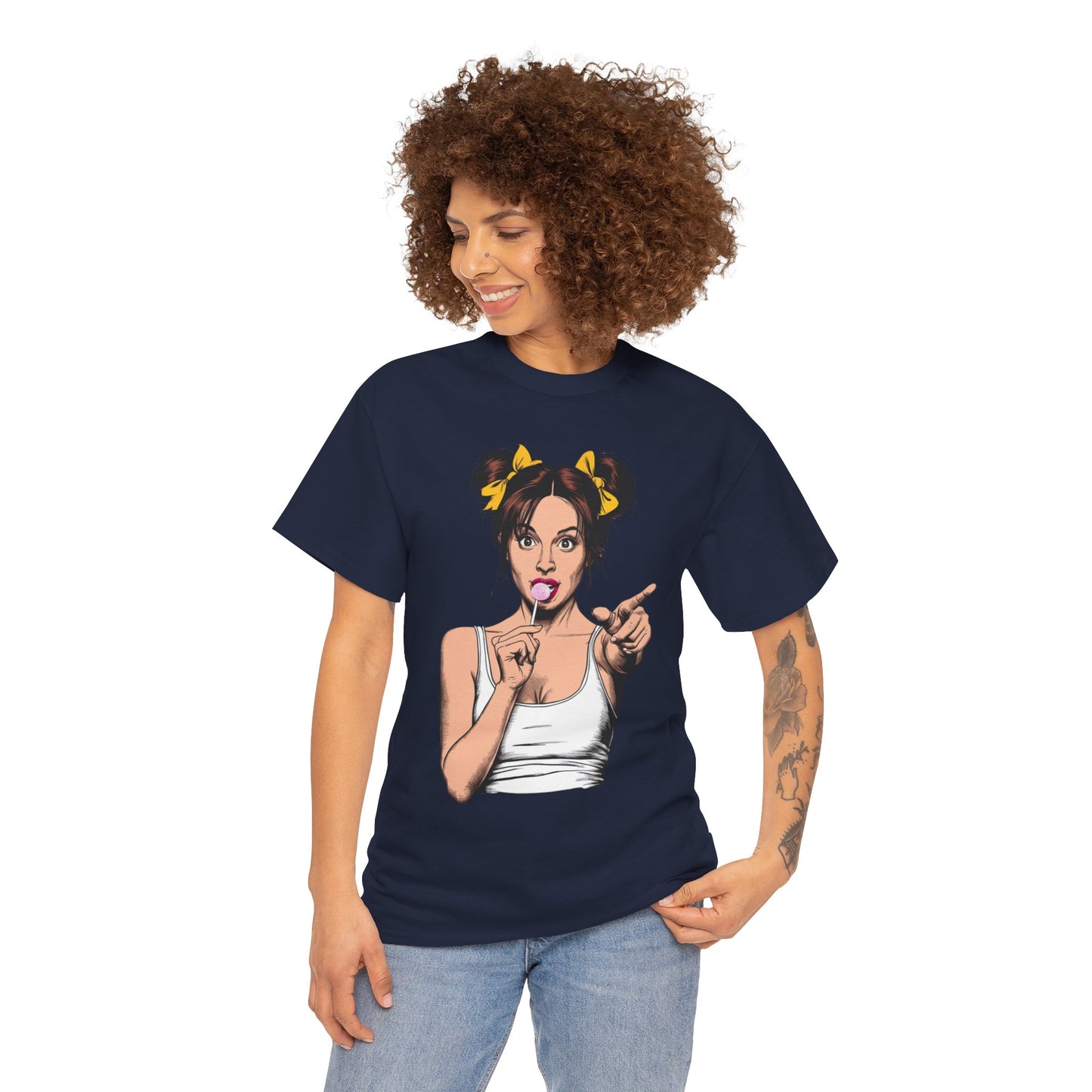 Sexy PopArt Girl with pigtails and Sucker Unisex heavy cotton Tshirt