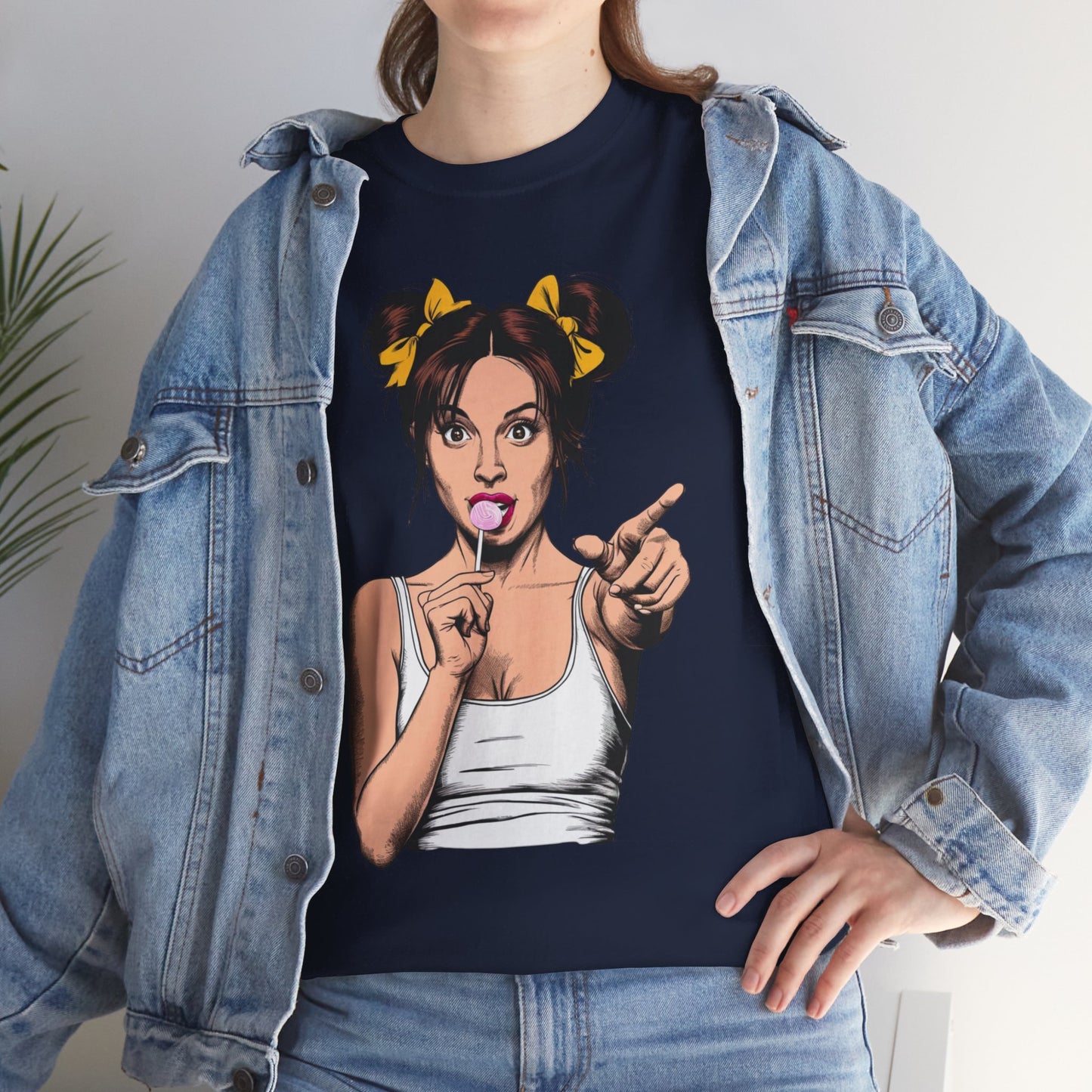 Sexy PopArt Girl with pigtails and Sucker Unisex heavy cotton Tshirt