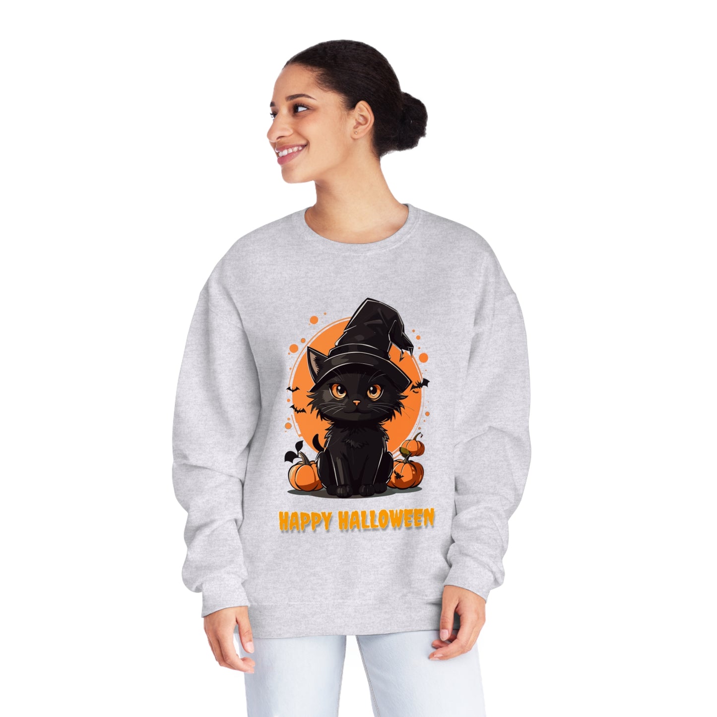 Halloween Cat Sweatshirt Unisex Funny Cat Witch Hat Graphic Shirt Gifts Spooky Long Sleeve Crewneck Shirt Tops