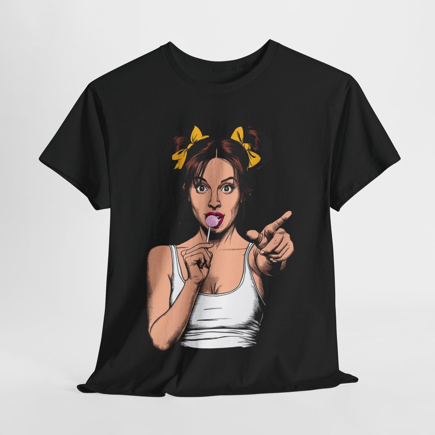 Sexy PopArt Girl with pigtails and Sucker Unisex heavy cotton Tshirt