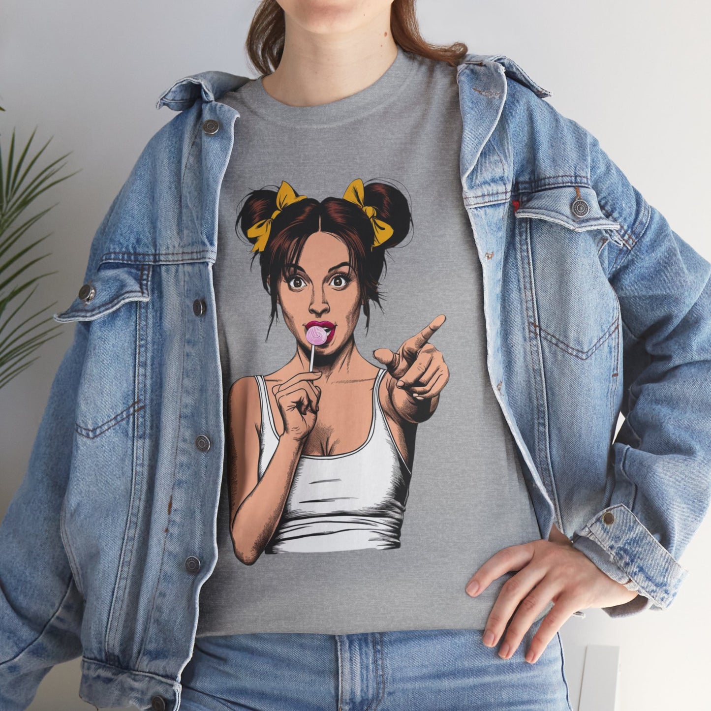 Sexy PopArt Girl with pigtails and Sucker Unisex heavy cotton Tshirt