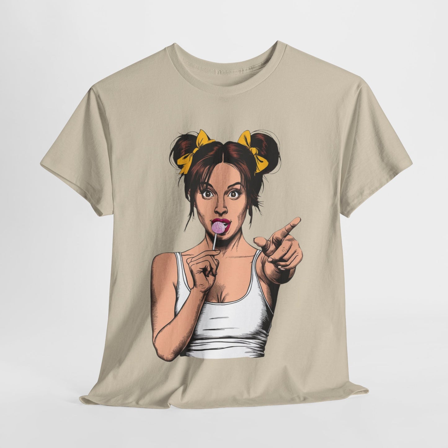 Sexy PopArt Girl with pigtails and Sucker Unisex heavy cotton Tshirt