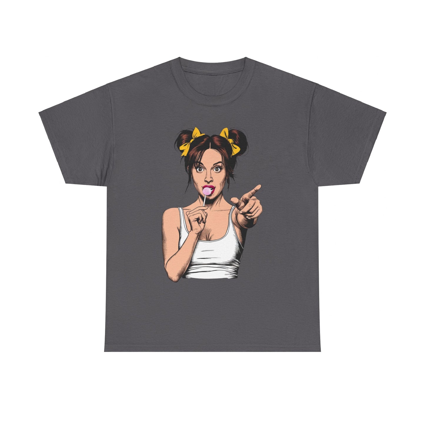 Sexy PopArt Girl with pigtails and Sucker Unisex heavy cotton Tshirt