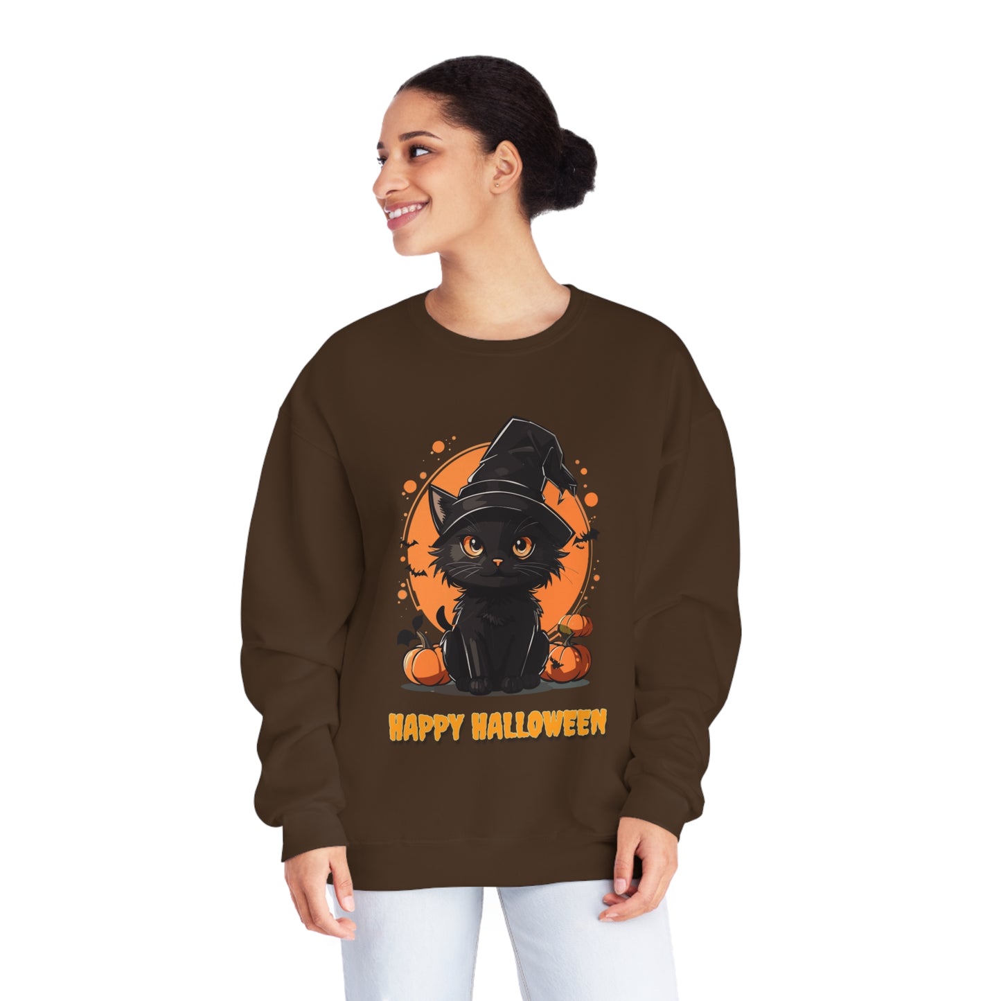 Halloween Cat Sweatshirt Unisex Funny Cat Witch Hat Graphic Shirt Gifts Spooky Long Sleeve Crewneck Shirt Tops