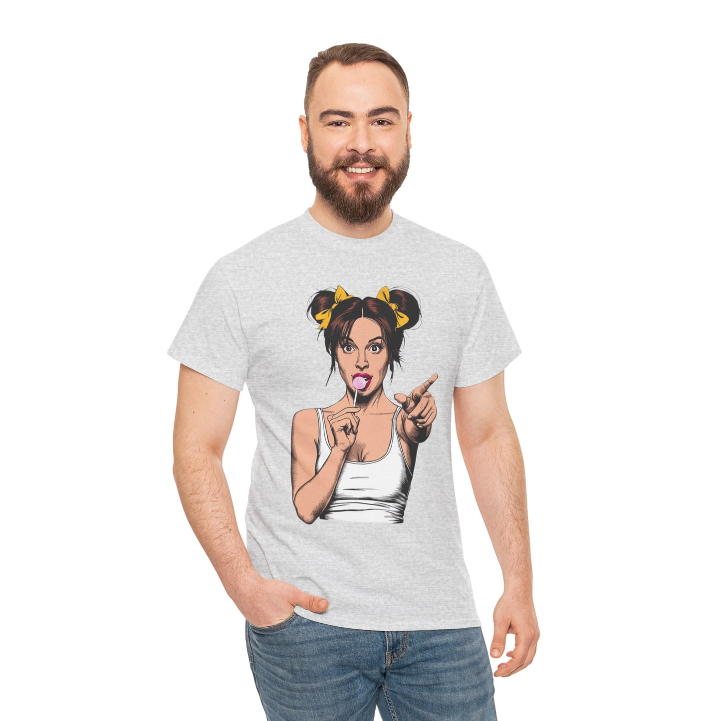 Sexy PopArt Girl with pigtails and Sucker Unisex heavy cotton Tshirt