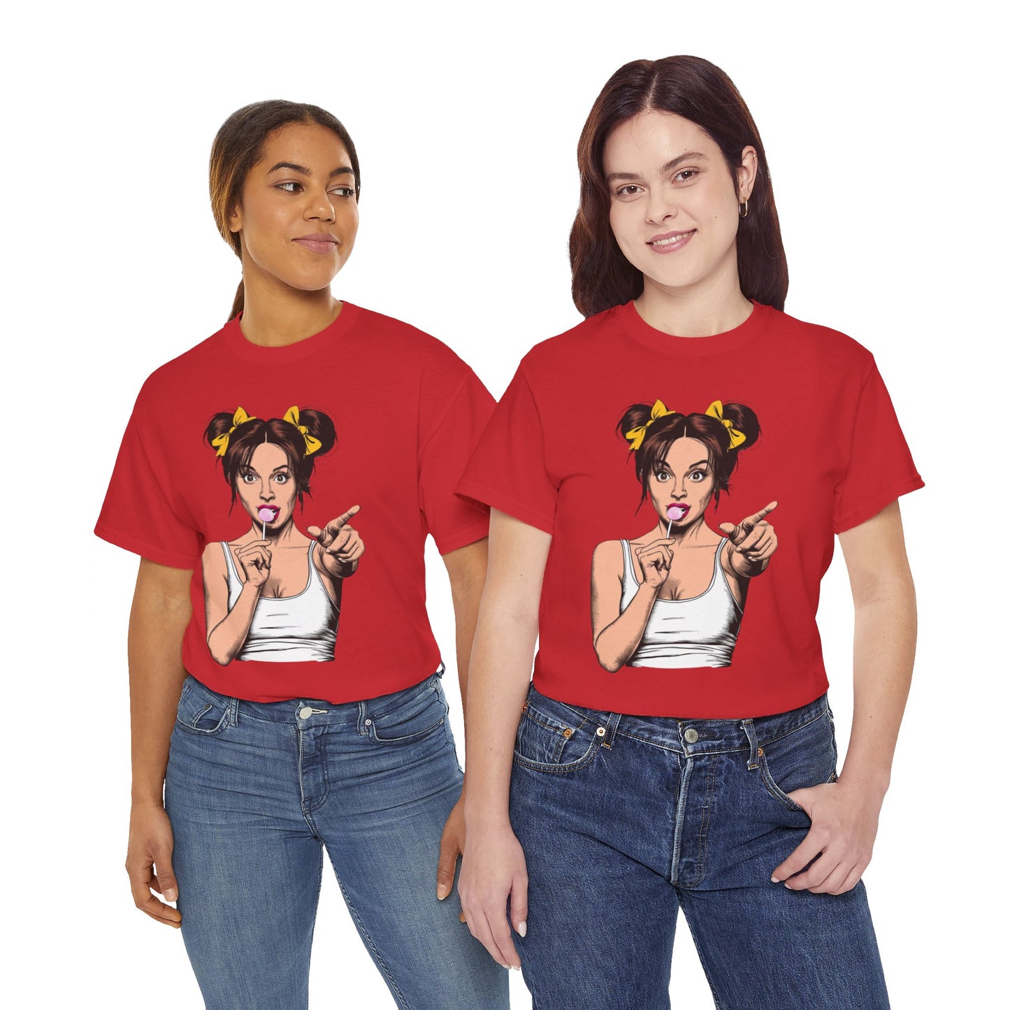 Sexy PopArt Girl with pigtails and Sucker Unisex heavy cotton Tshirt