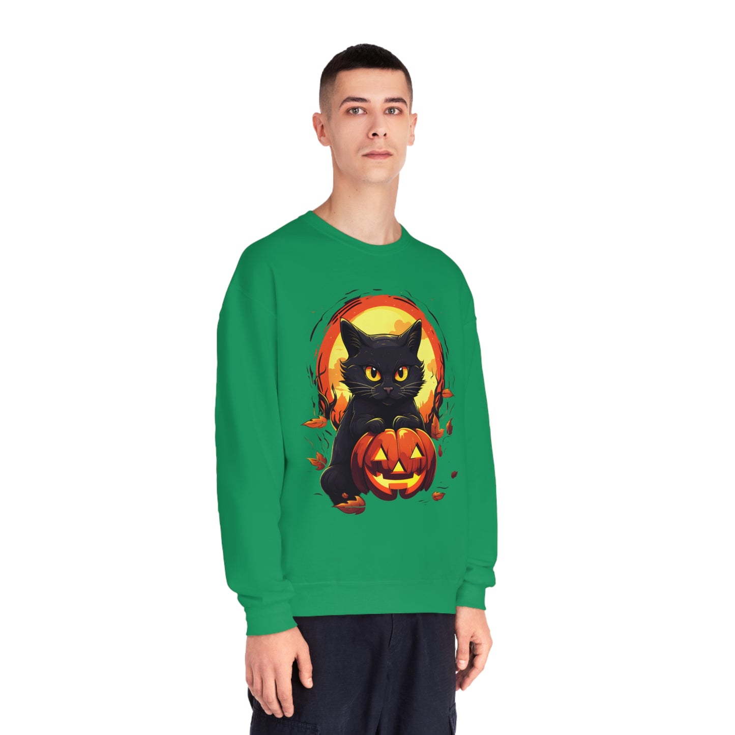 Halloween Cat Sweatshirt Unisex Funny Cat Jack-O-Lantern Graphic Shirt Gifts Spooky Long Sleeve Crewneck Shirt Tops