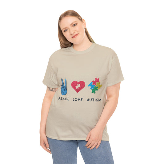 Autism Peace Love Autism T-shirt Unisex Heavy Cotton