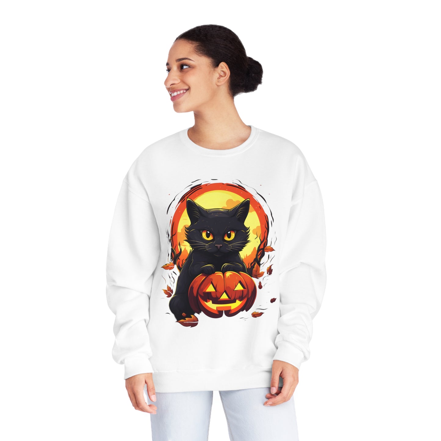 Halloween Cat Sweatshirt Unisex Funny Cat Jack-O-Lantern Graphic Shirt Gifts Spooky Long Sleeve Crewneck Shirt Tops