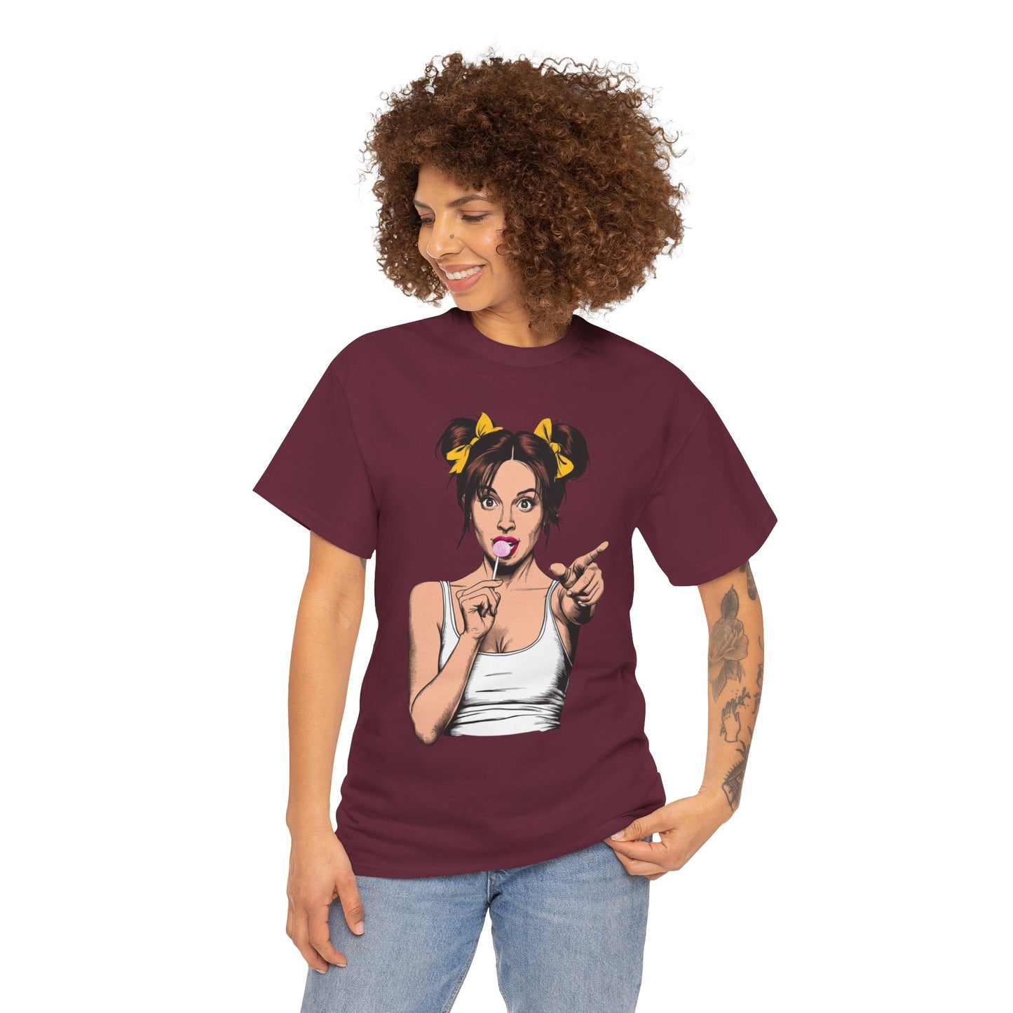 Sexy PopArt Girl with pigtails and Sucker Unisex heavy cotton Tshirt