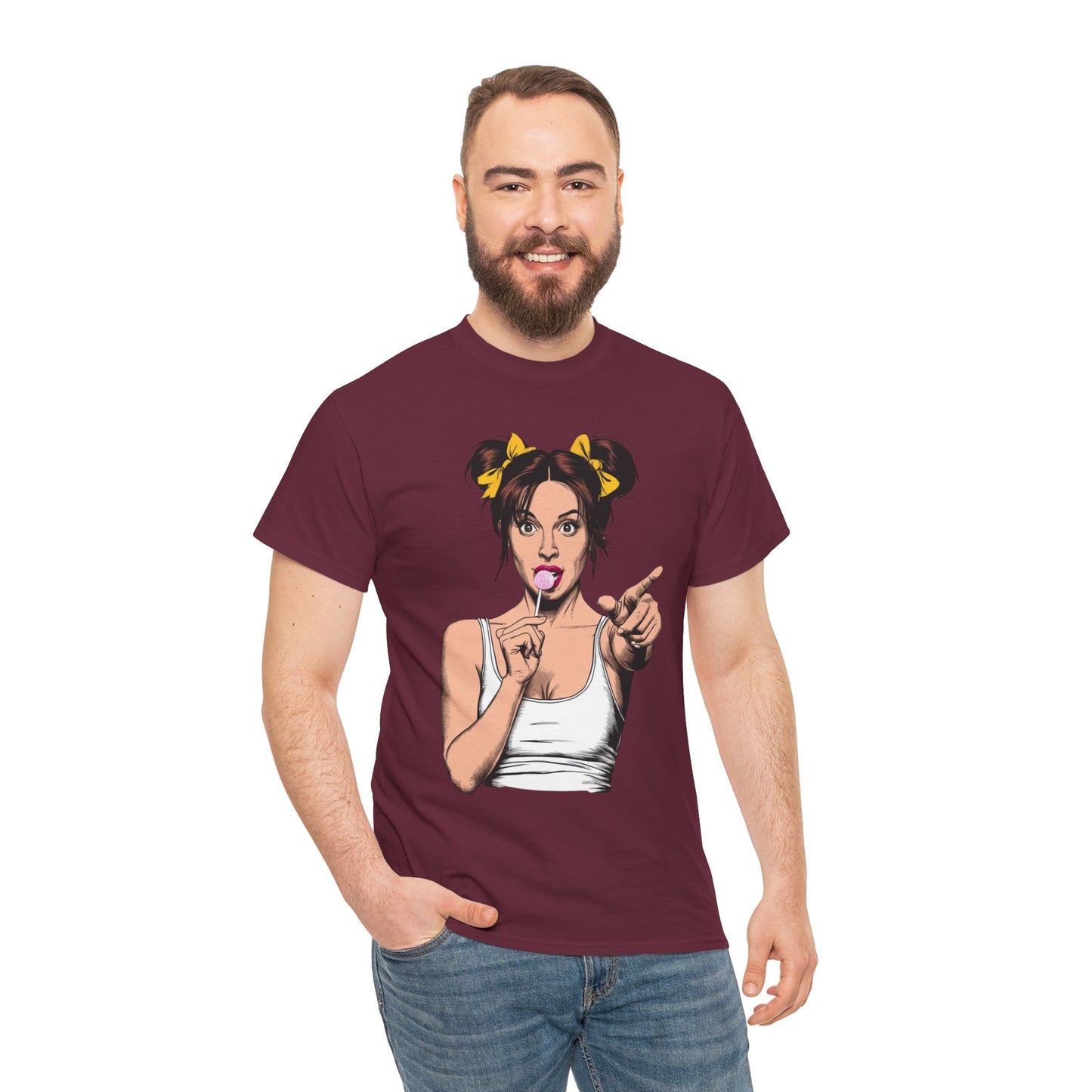 Sexy PopArt Girl with pigtails and Sucker Unisex heavy cotton Tshirt