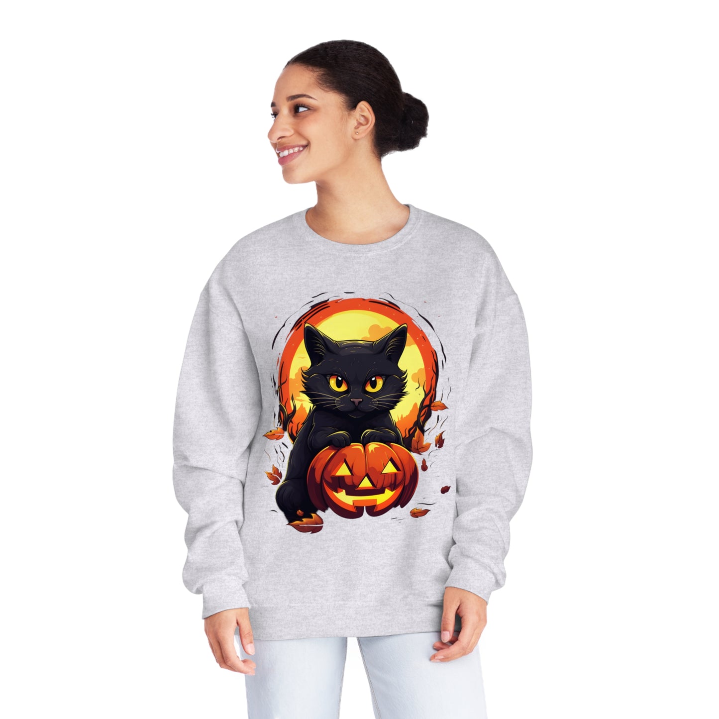 Halloween Cat Sweatshirt Unisex Funny Cat Jack-O-Lantern Graphic Shirt Gifts Spooky Long Sleeve Crewneck Shirt Tops