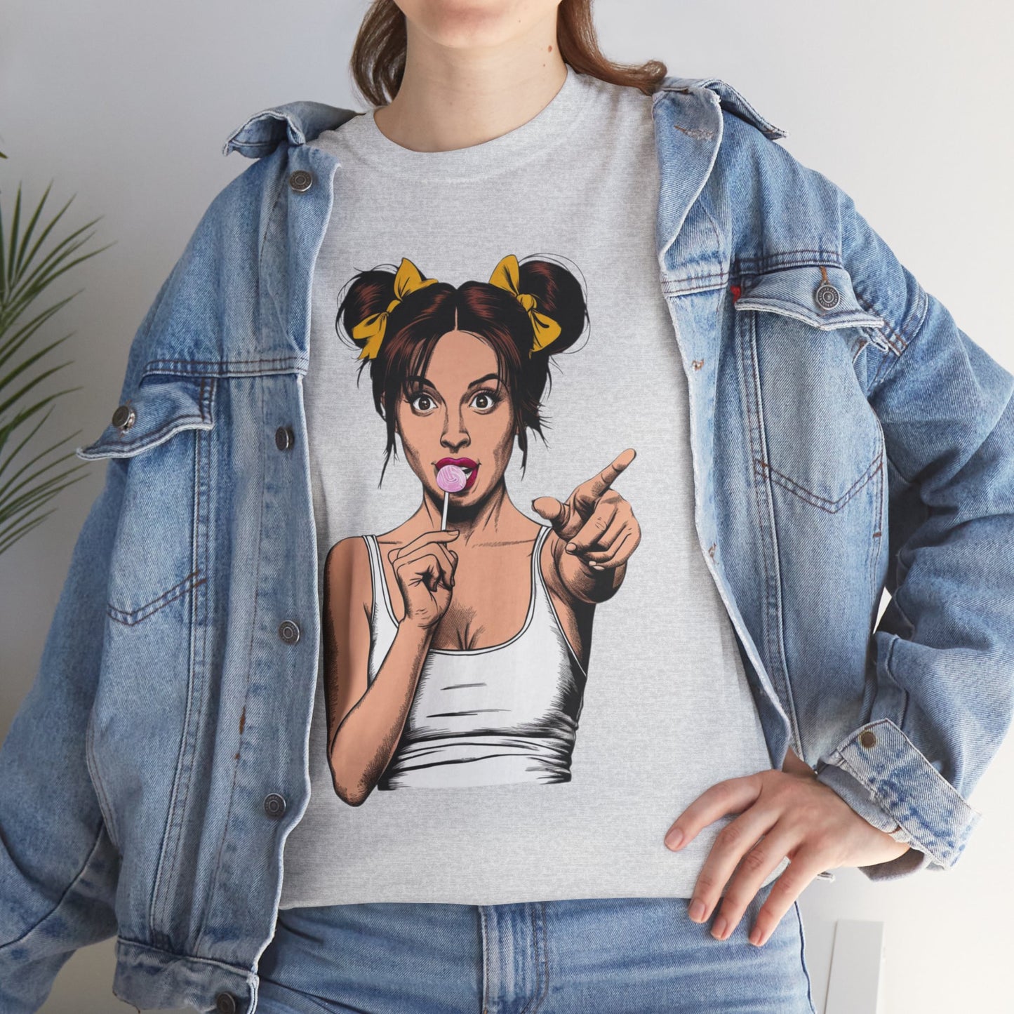 Sexy PopArt Girl with pigtails and Sucker Unisex heavy cotton Tshirt