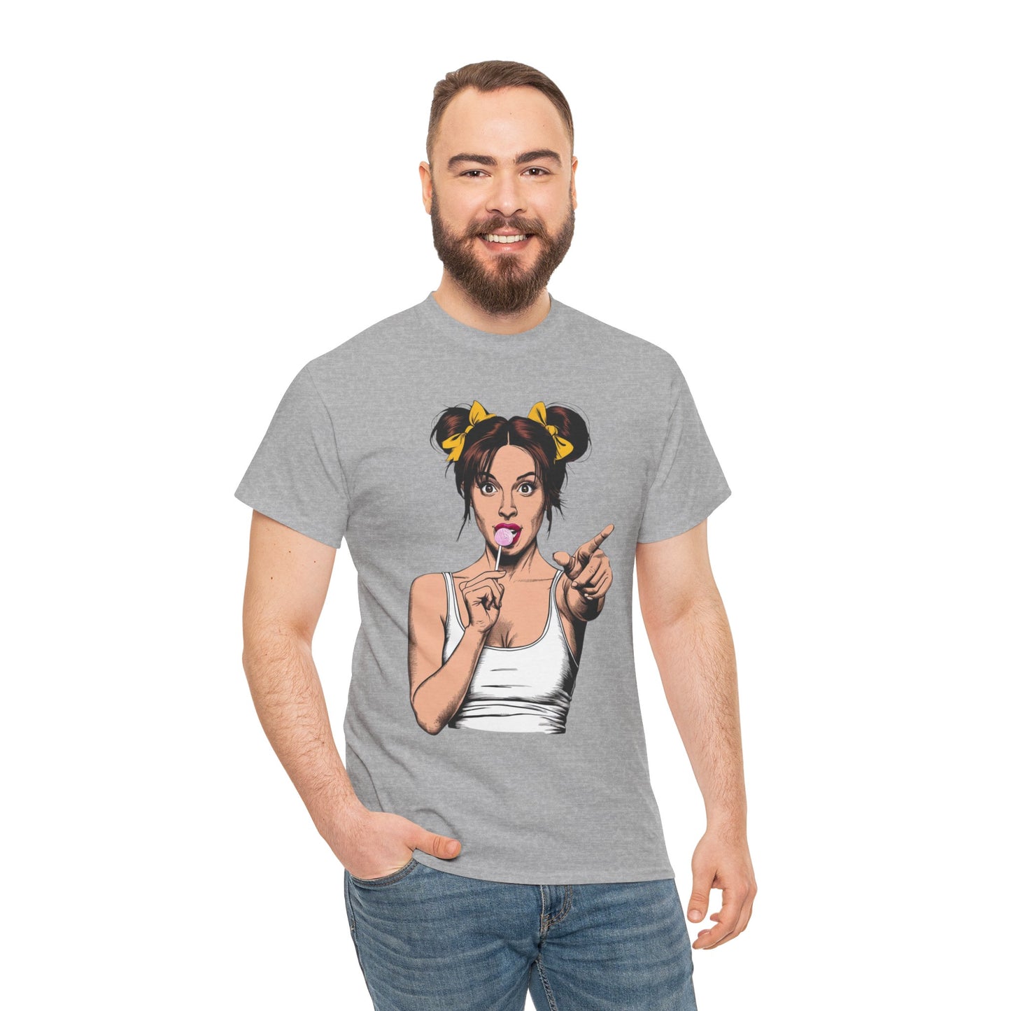 Sexy PopArt Girl with pigtails and Sucker Unisex heavy cotton Tshirt