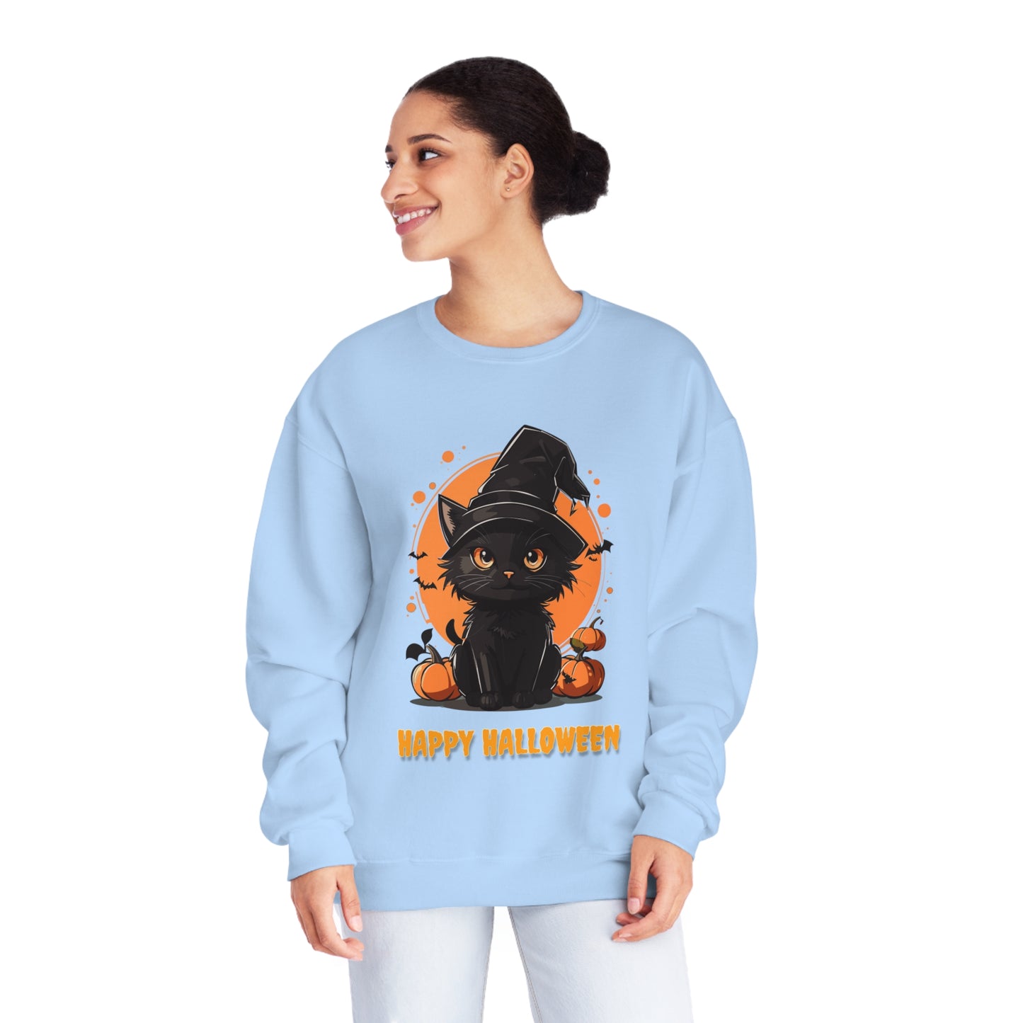 Halloween Cat Sweatshirt Unisex Funny Cat Witch Hat Graphic Shirt Gifts Spooky Long Sleeve Crewneck Shirt Tops