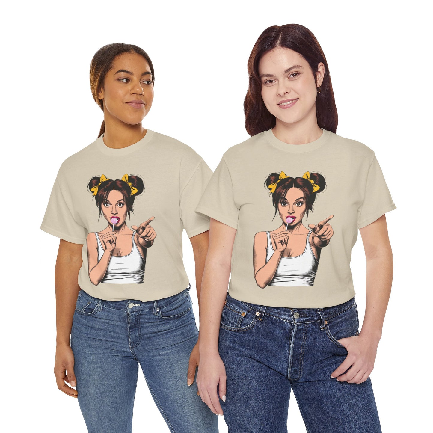 Sexy PopArt Girl with pigtails and Sucker Unisex heavy cotton Tshirt